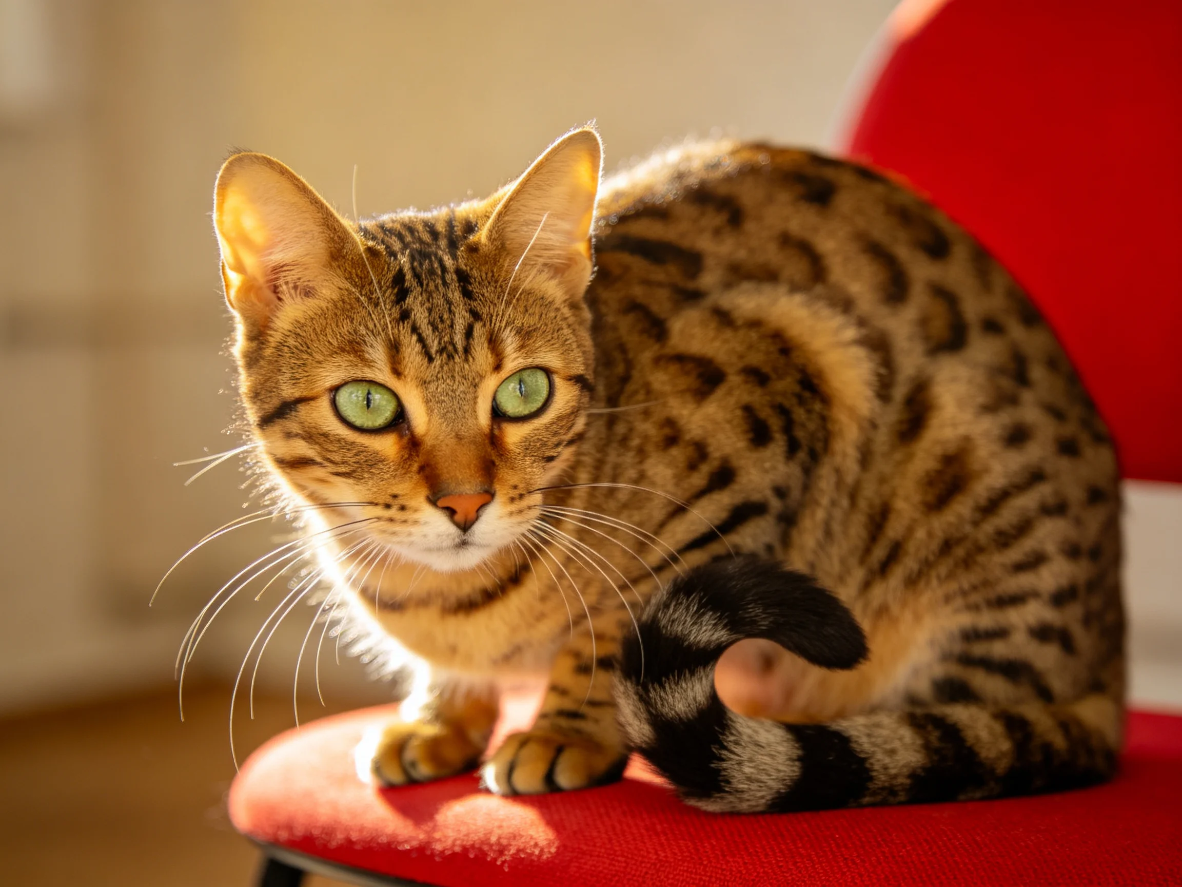 A Bengal cat with green eyes sits on a red seat.