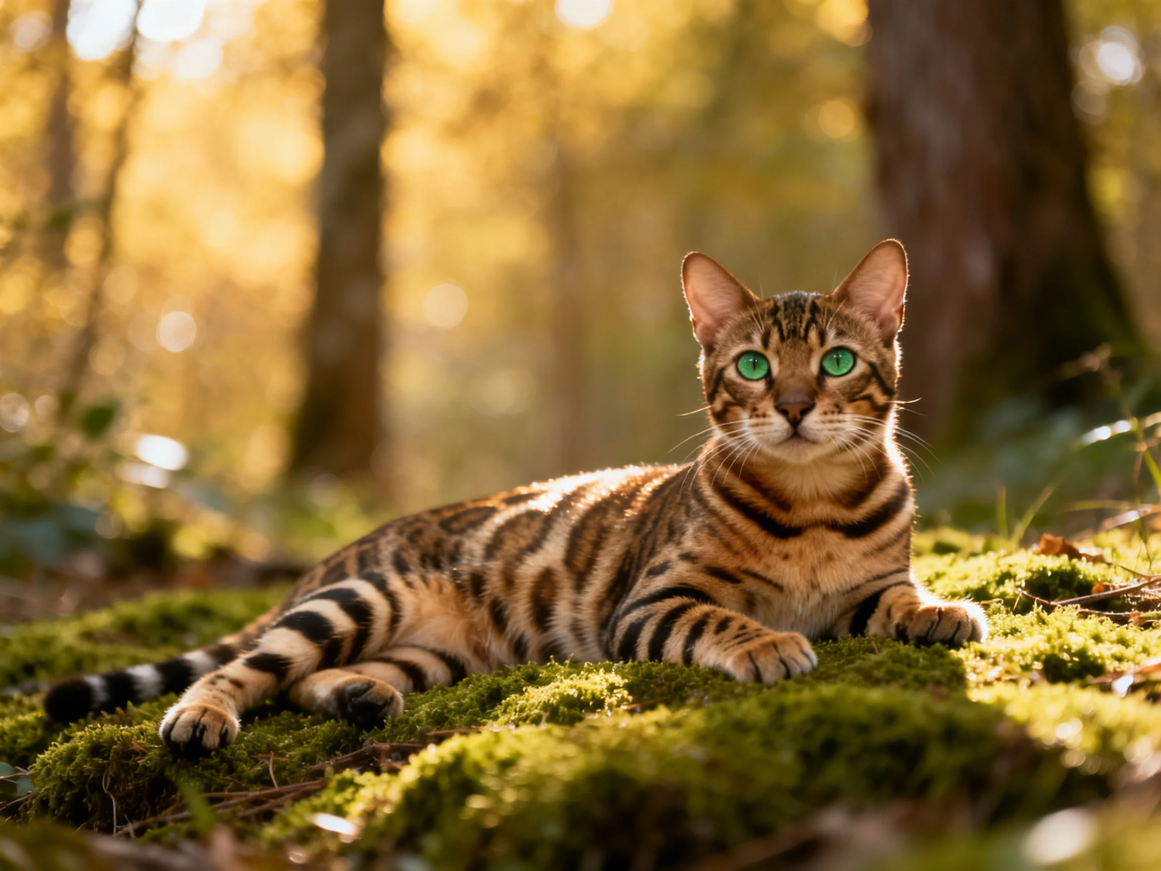 A Bengal cat with green eyes relaxes on moss in a sunlit forest.