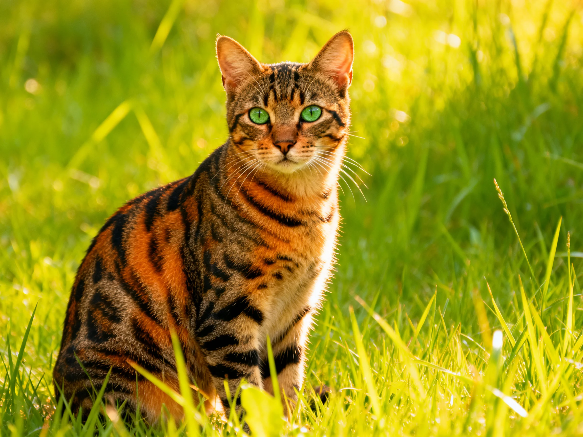 A Bengal cat with green eyes rests in sun-drenched grass.