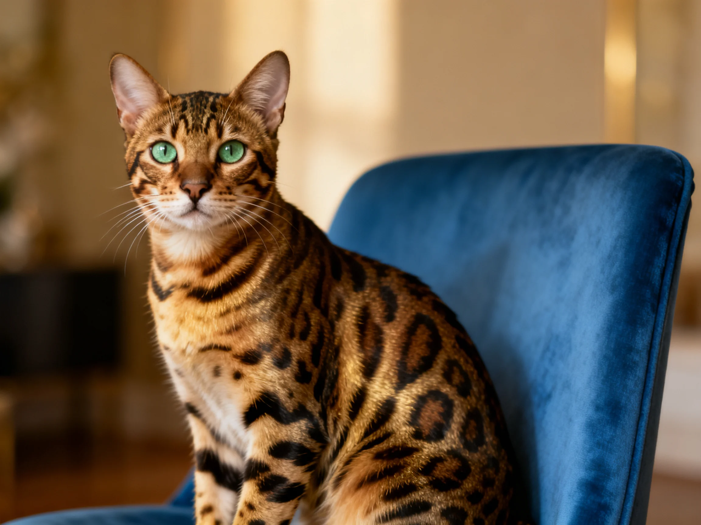 A Bengal cat with green eyes sits on a blue chair in an indoor setting.