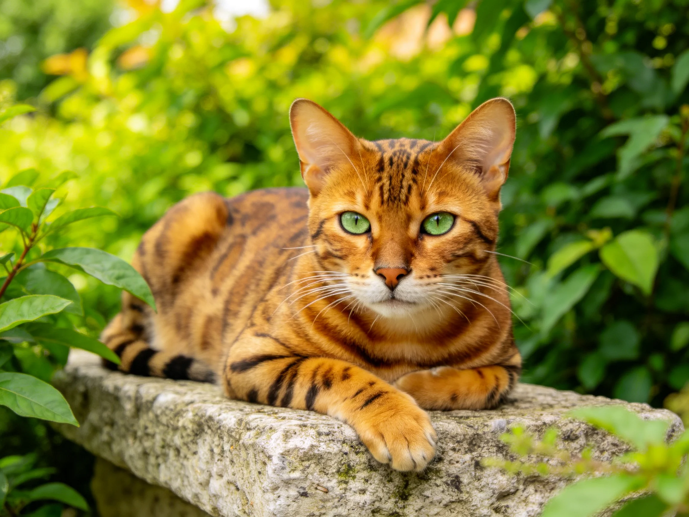 A Bengal cat with orange-black stripes relaxes on a stone ledge surrounded by greenery.