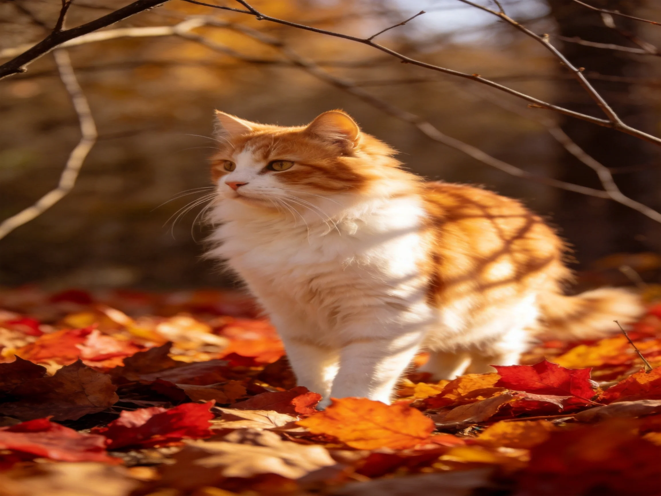 A fluffy orange and white cat explores colorful autumn leaves outdoors.
