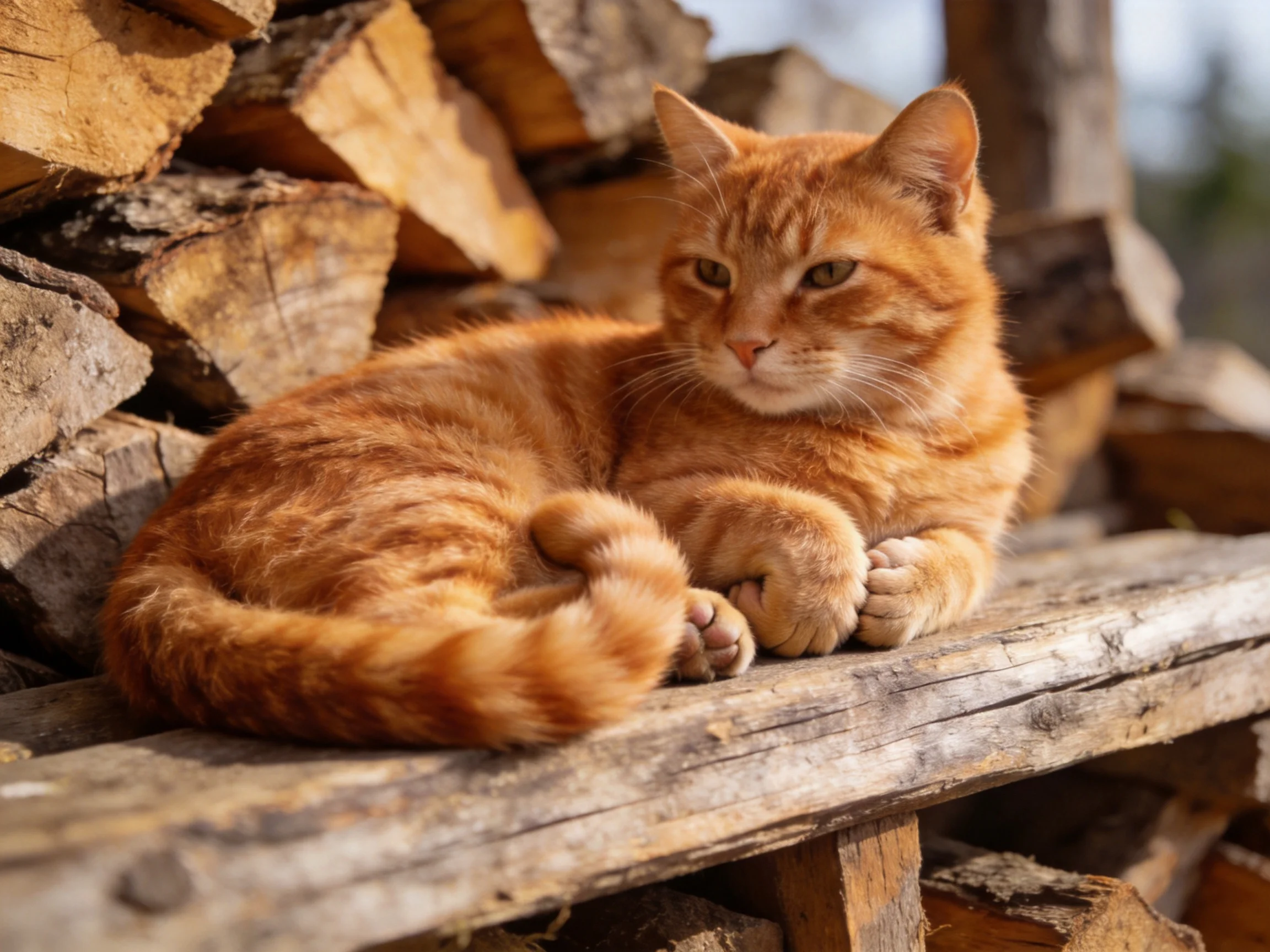 A Ginger Cat Resting on a Weathered Wooden Bench Near Stacked Firewood