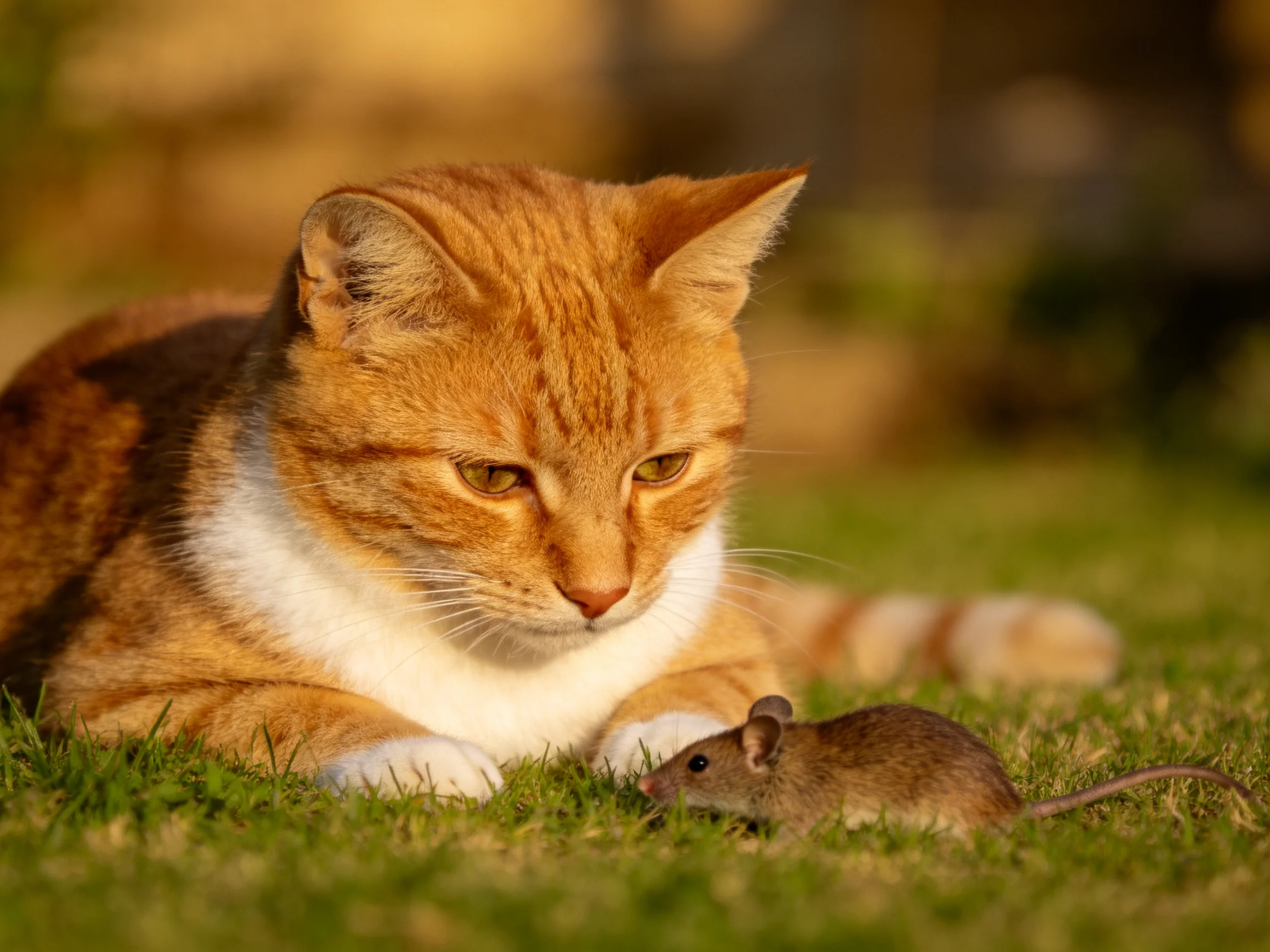 A Ginger Cat and Small Brown Mouse Rest on Lush Green Grass