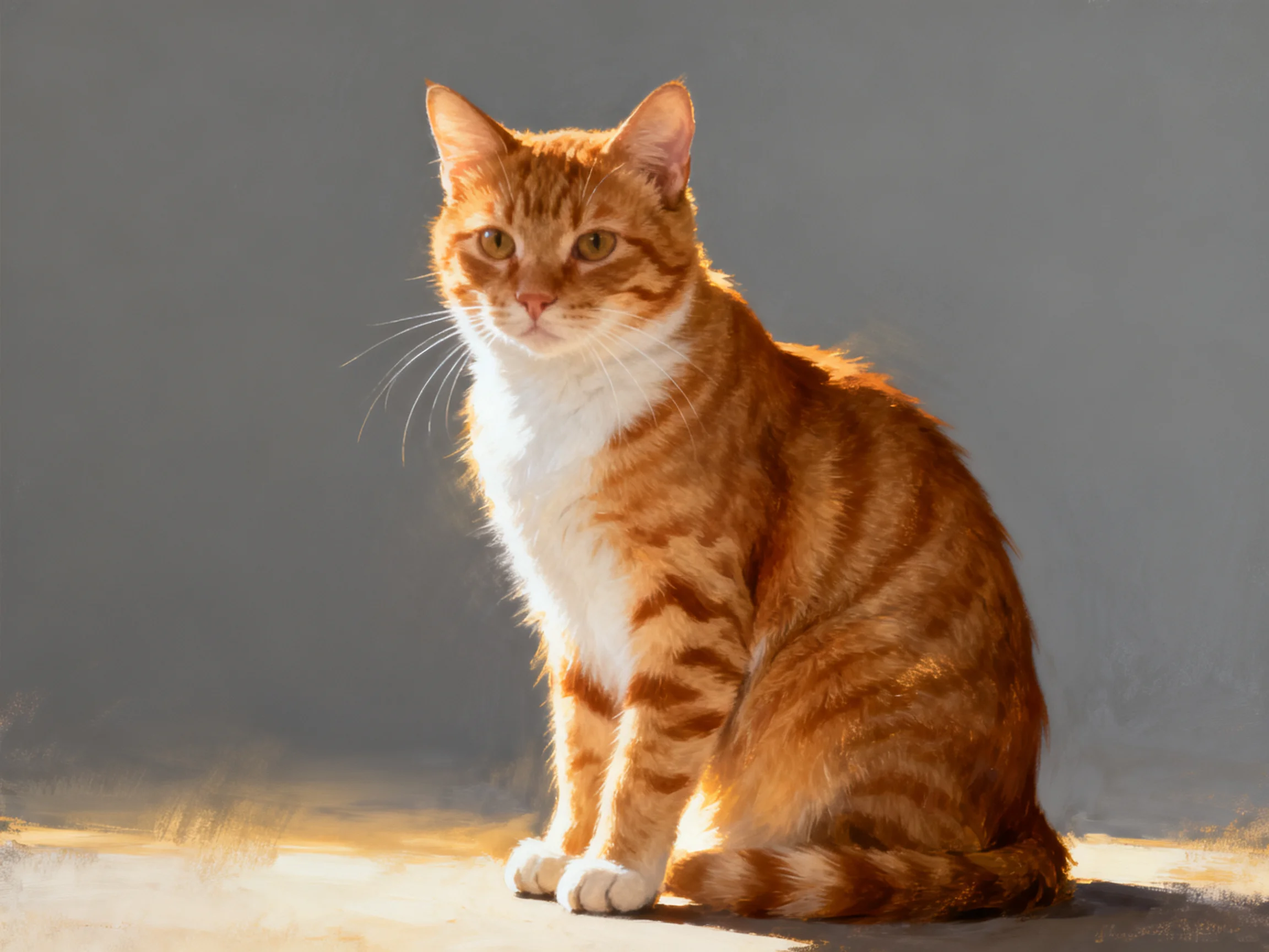 A Ginger and White Tabby Cat Poses Under Warm Light
