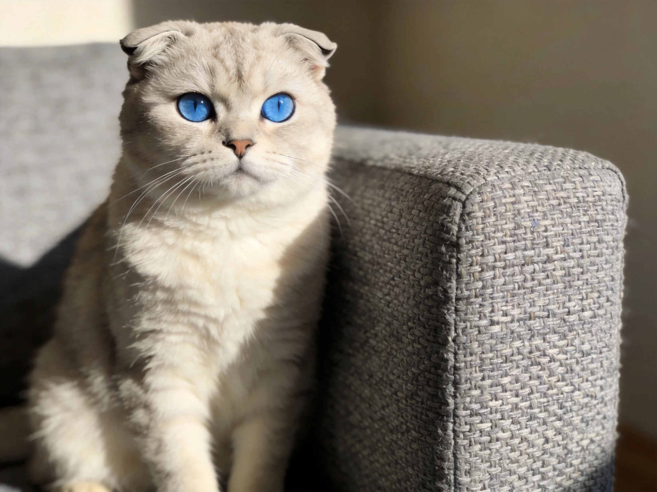 A Scottish Fold cat with blue eyes sits on a gray sofa