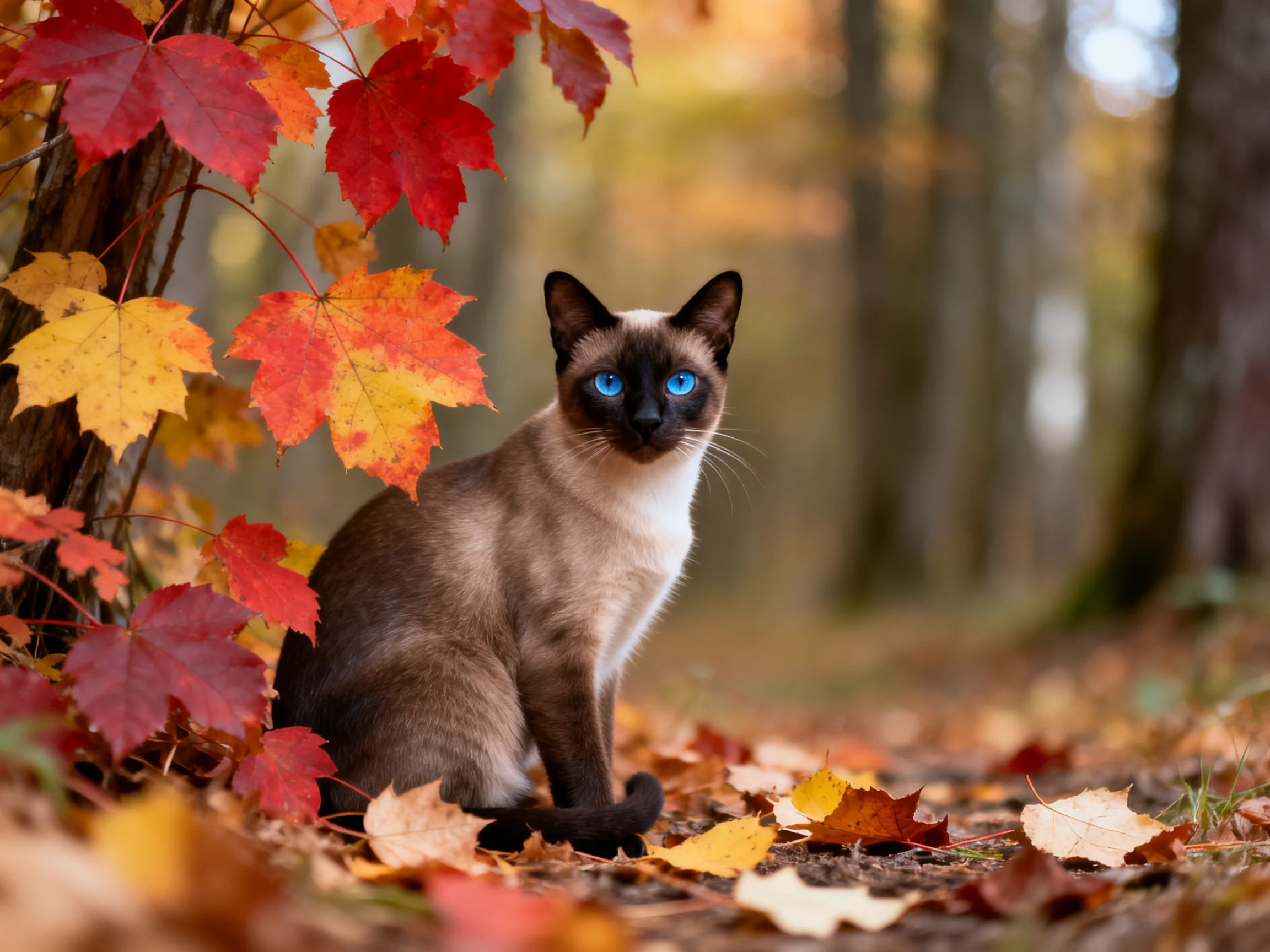 A Siamese cat amid vibrant fall foliage in a forest