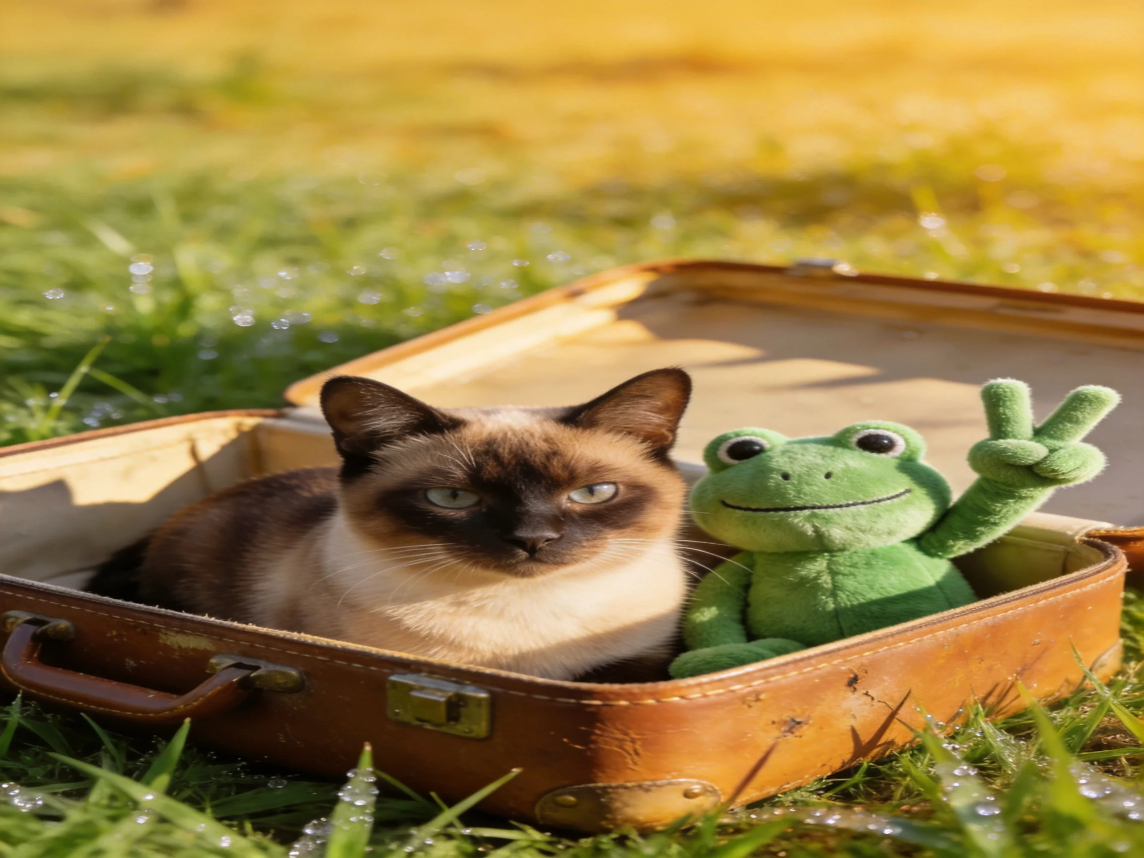 A Siamese cat and green stuffed frog in an aged brown suitcase on grass