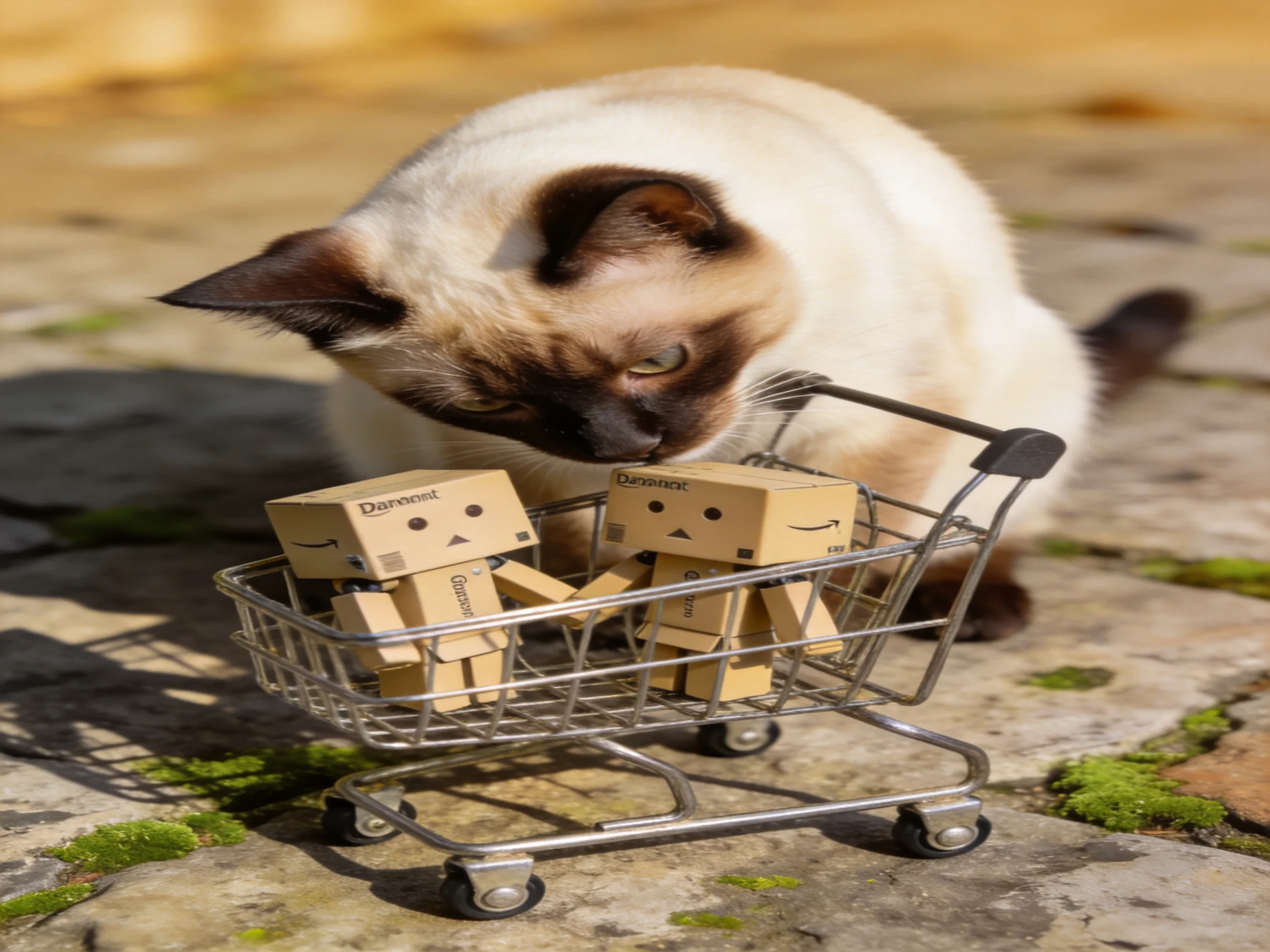 A Siamese cat curiously examines two Danbo figurines in a miniature shopping cart