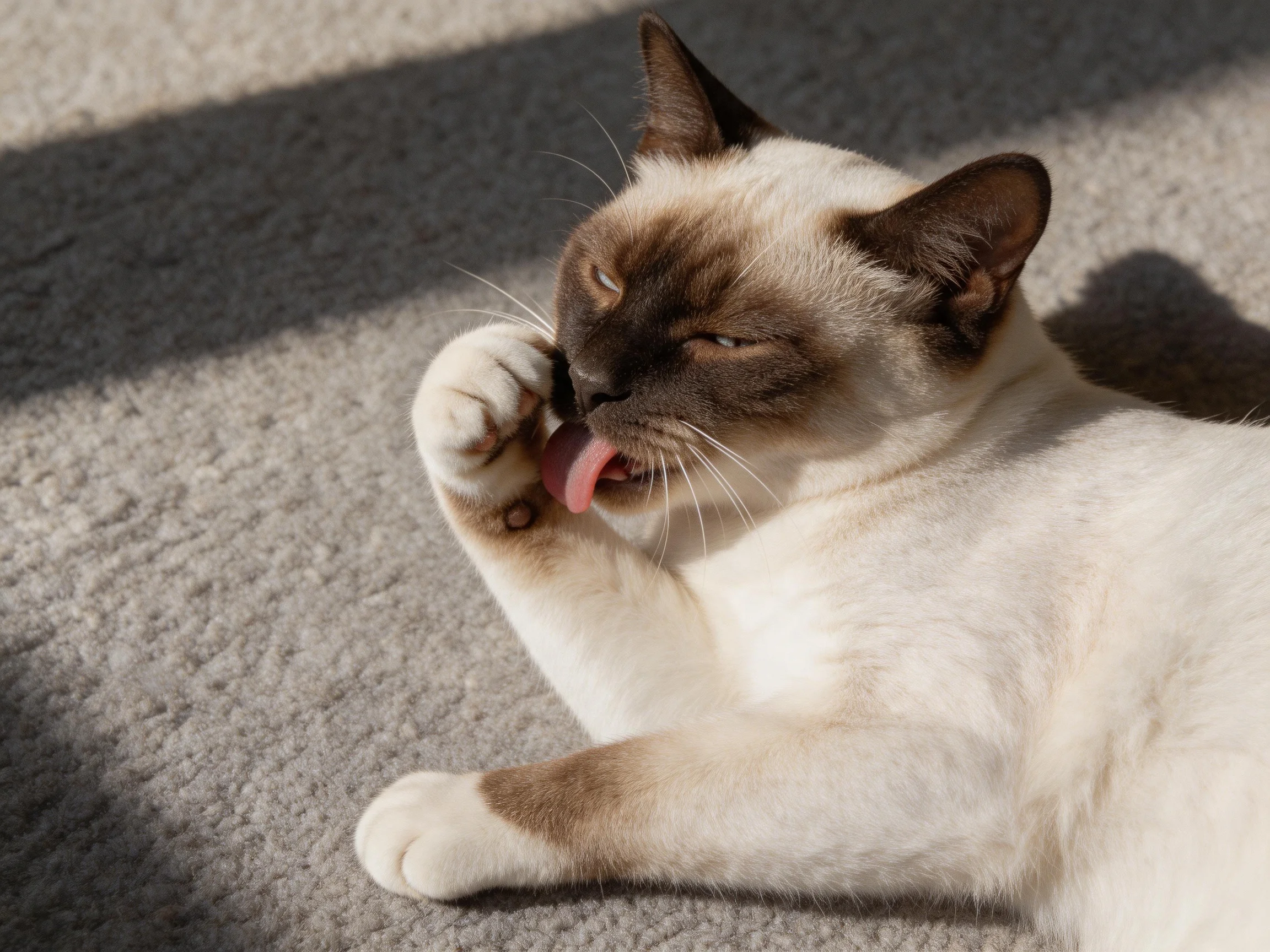 A Siamese cat grooms itself on a soft gray carpet in sunlight