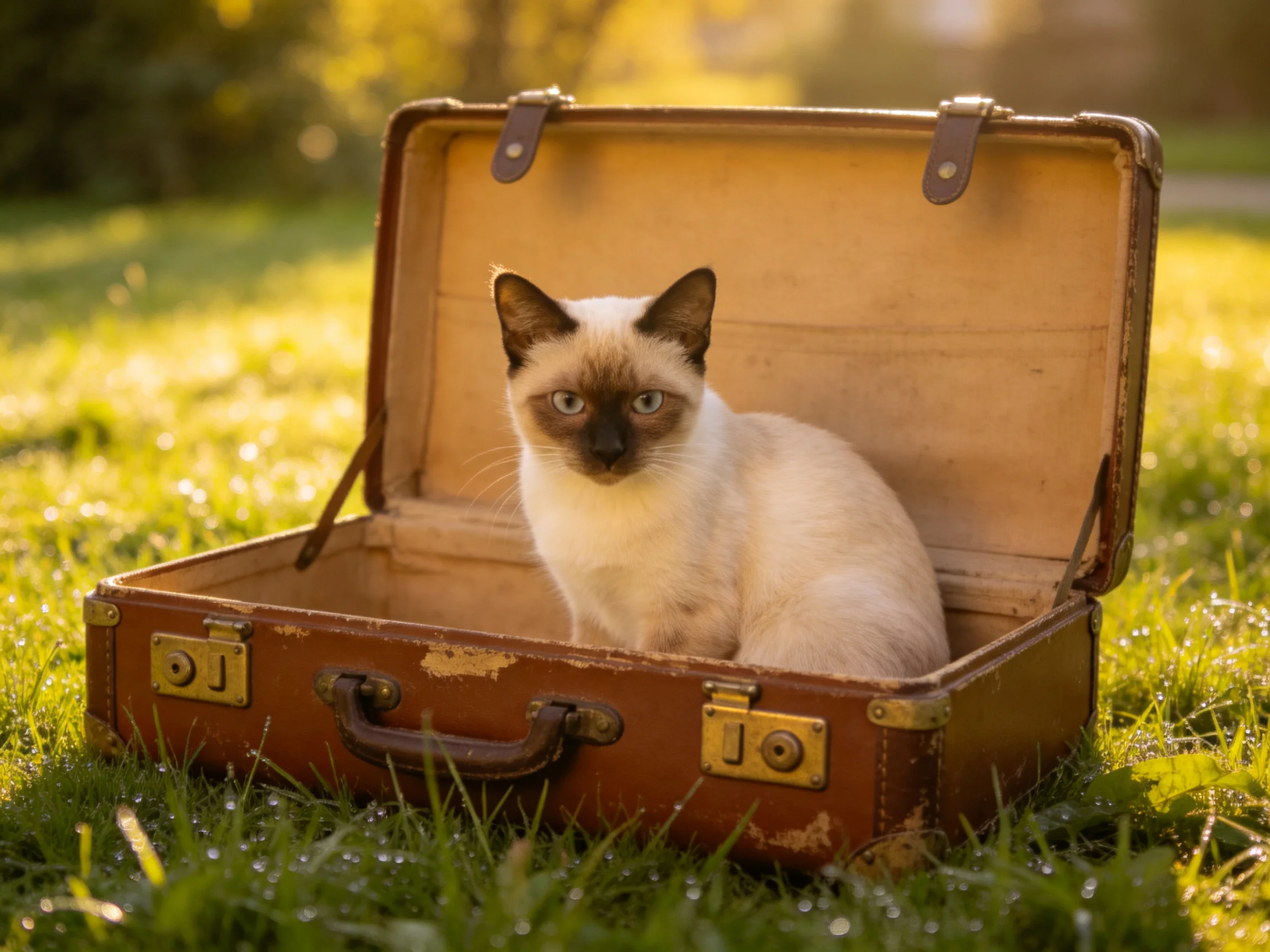 A Siamese cat inside an aged brown suitcase on sunlit grass