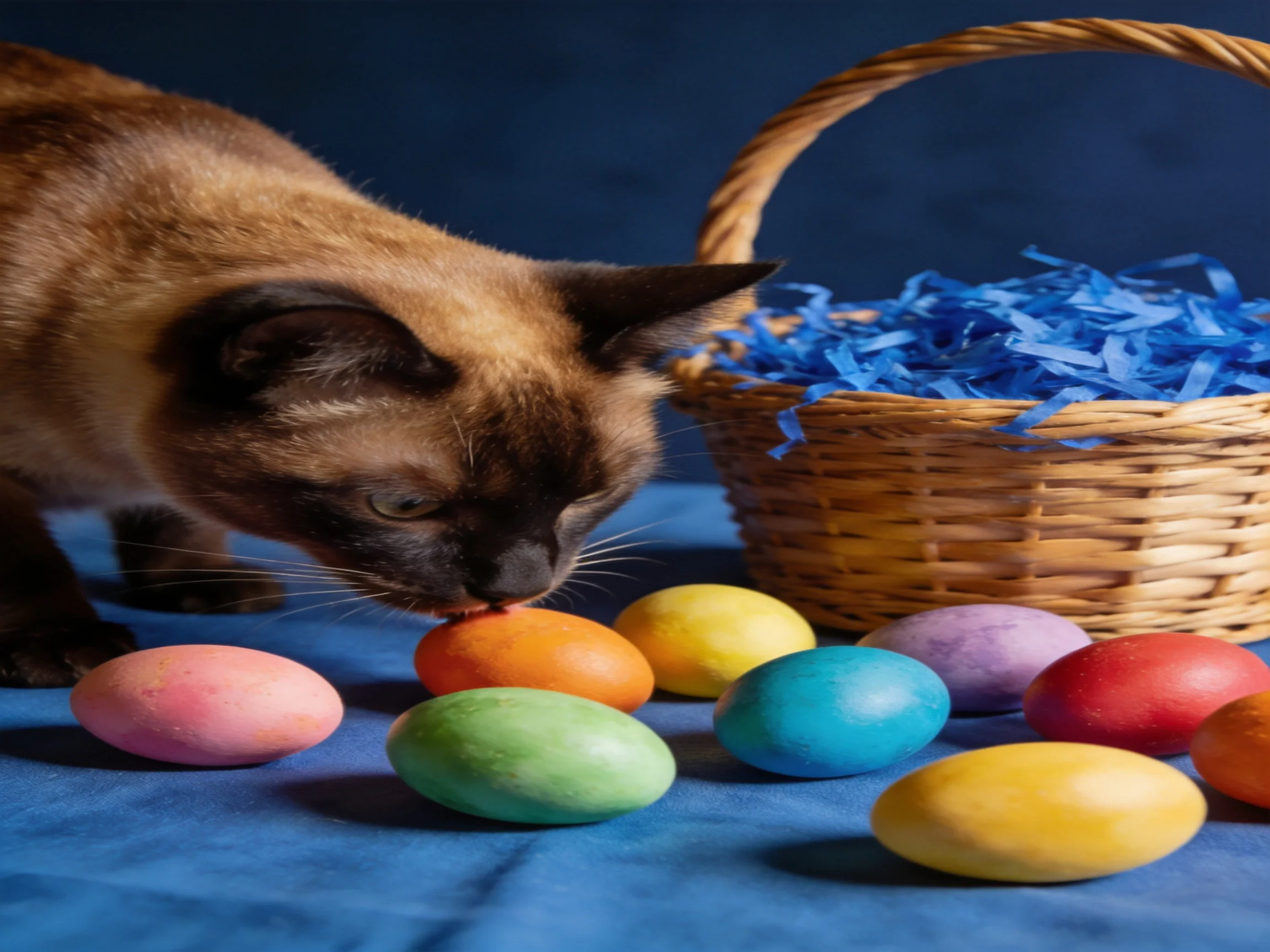 A Siamese cat investigates colorful Easter eggs beside a wicker basket