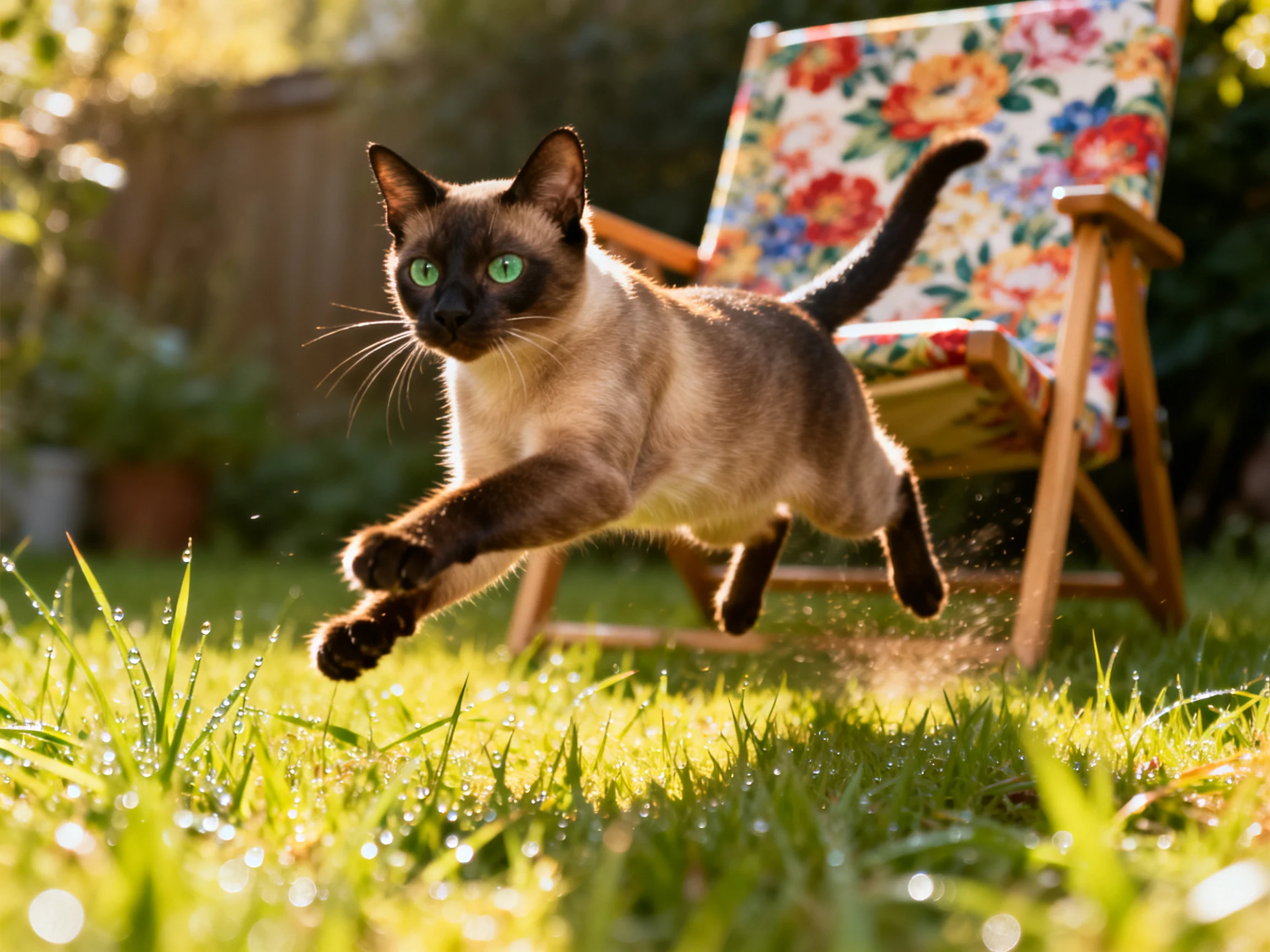 A Siamese cat leaps through dewy grass beside a floral lounge chair