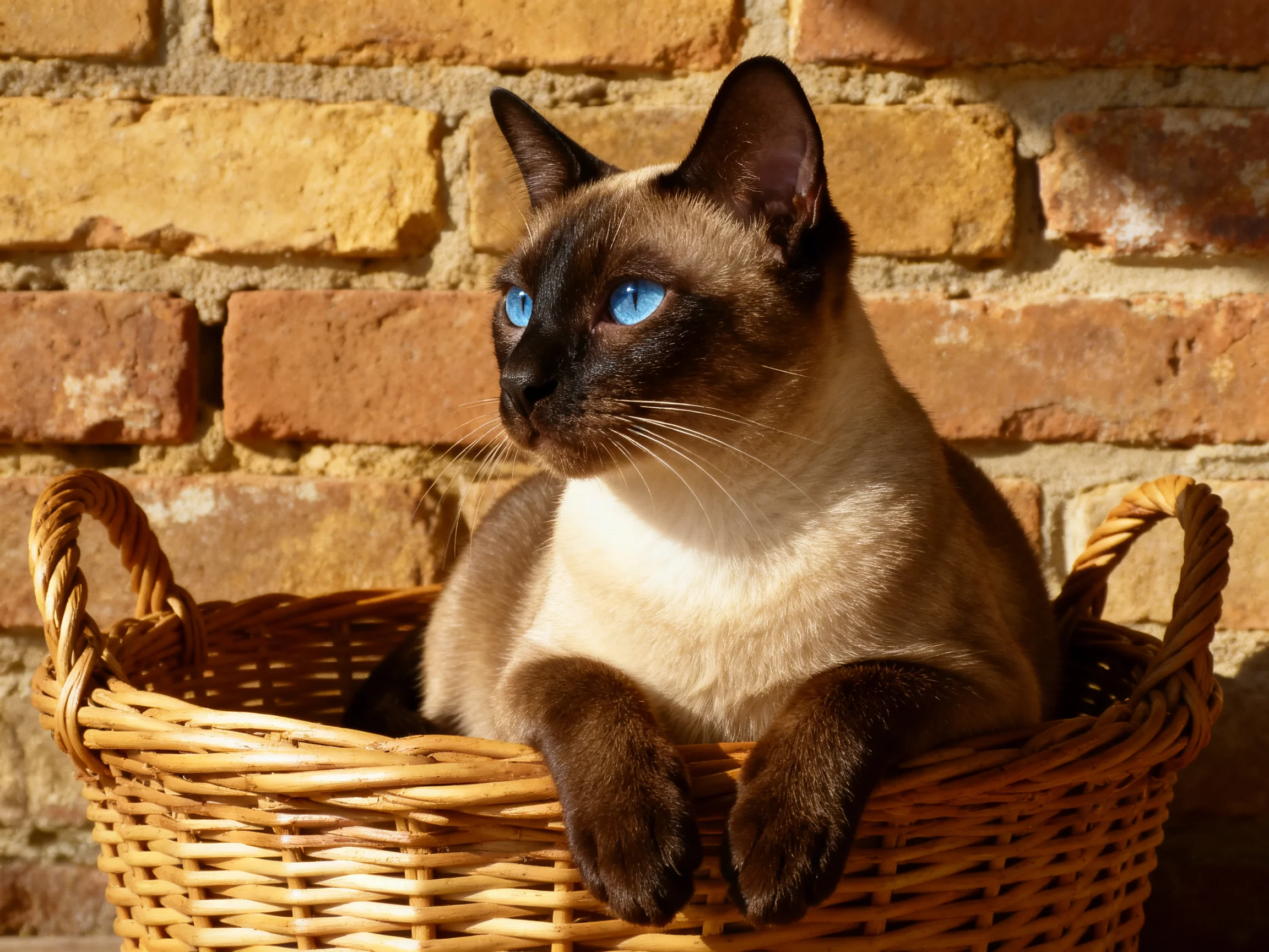 A Siamese cat lounges in a wicker basket near an aged brick wall