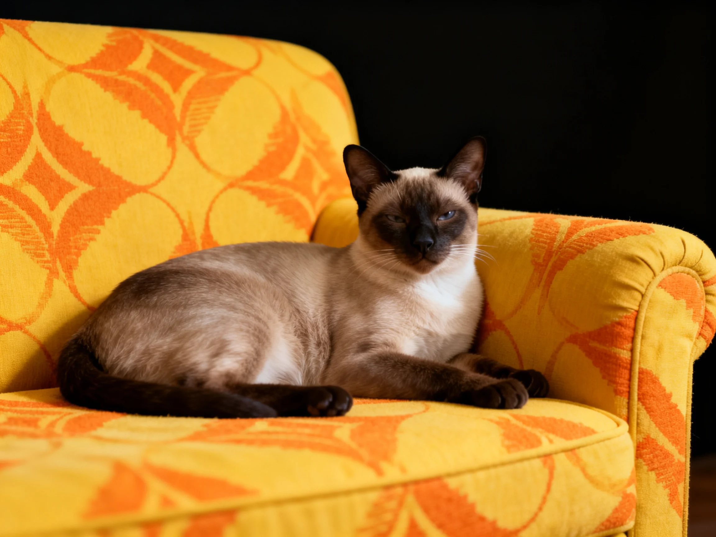 A Siamese cat rests on a colorful patterned armchair