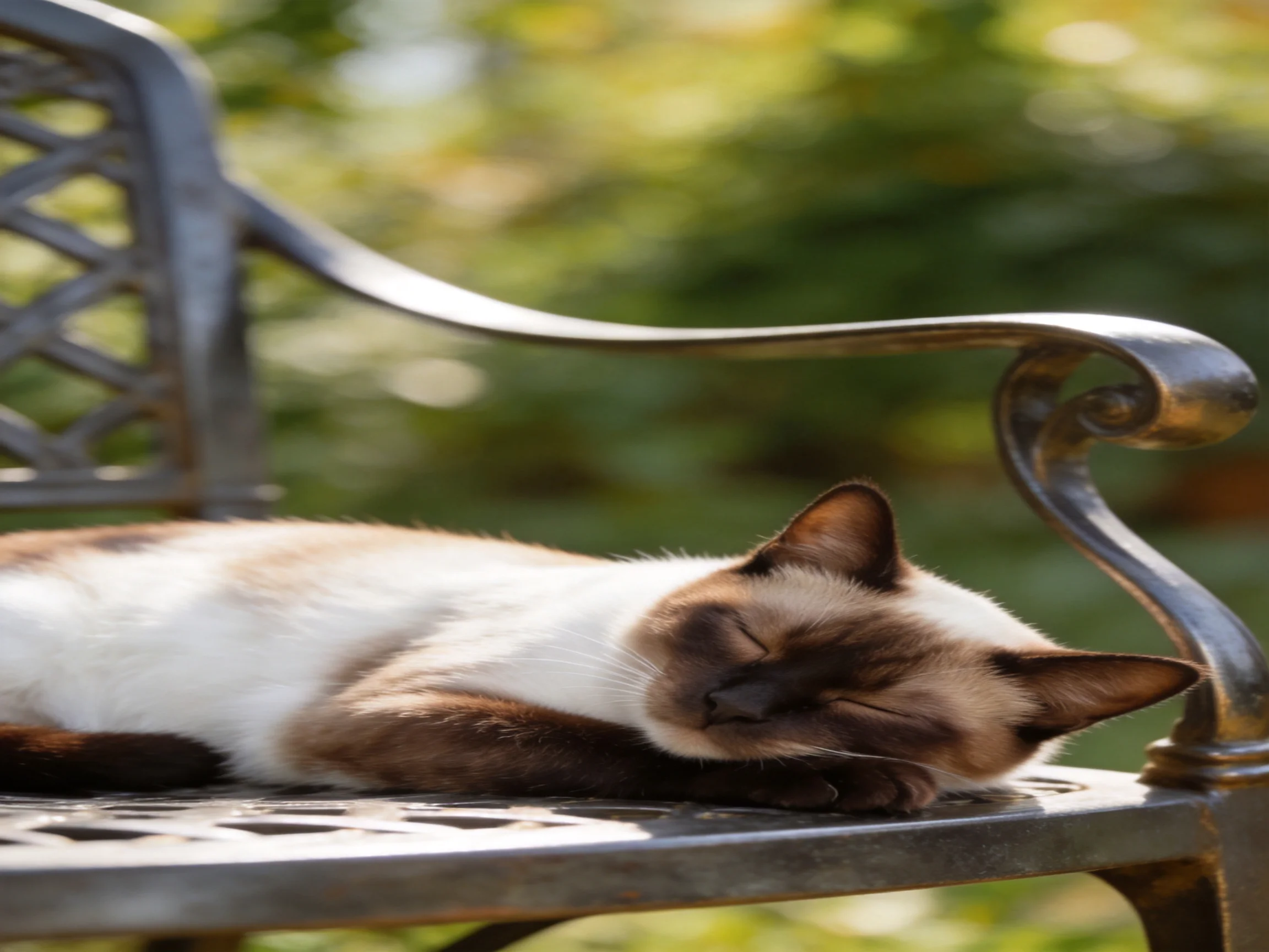 A Siamese cat naps on a decorative metal bench under lush greenery