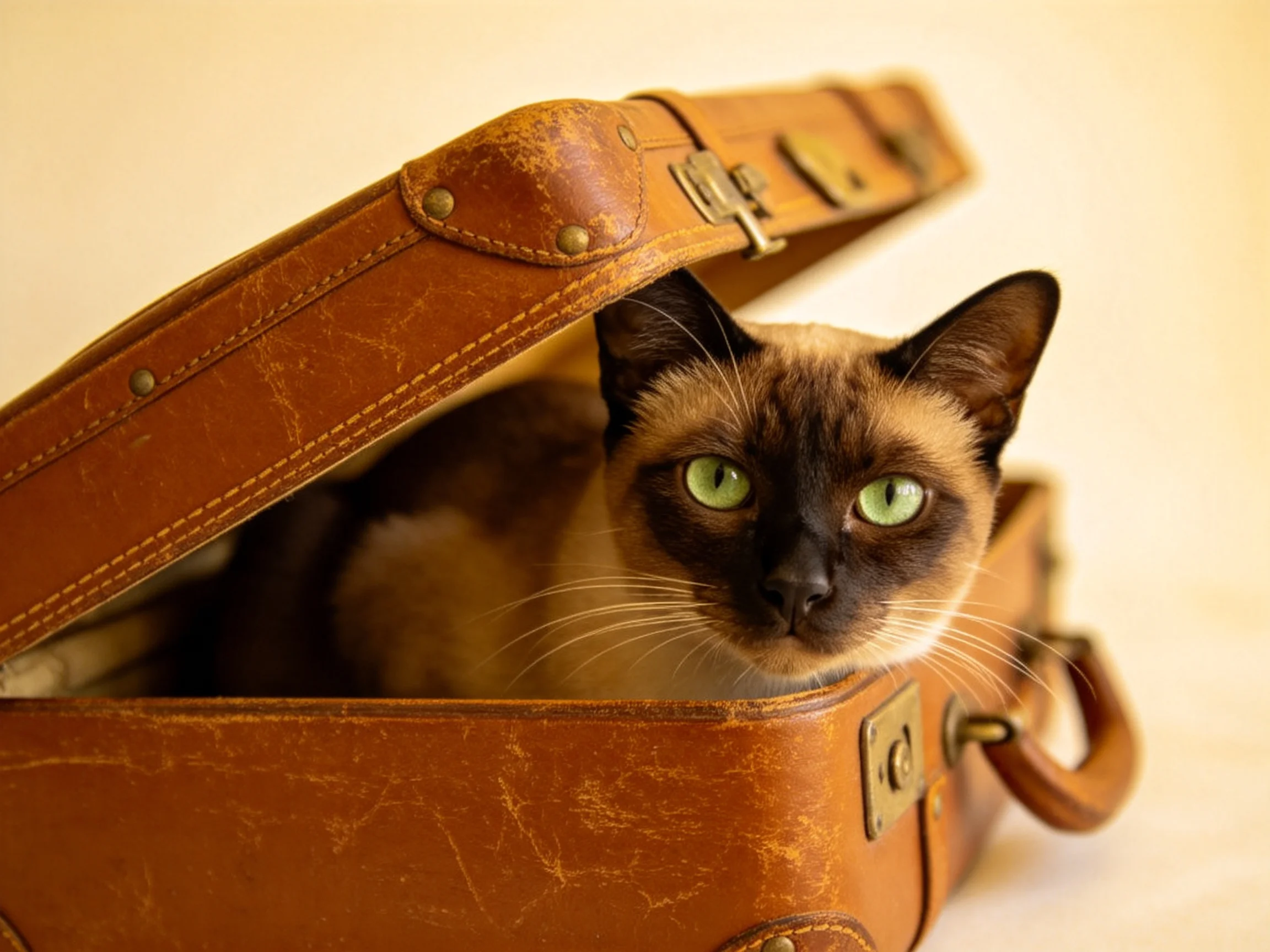 A Siamese cat nestled in a vintage brown leather suitcase