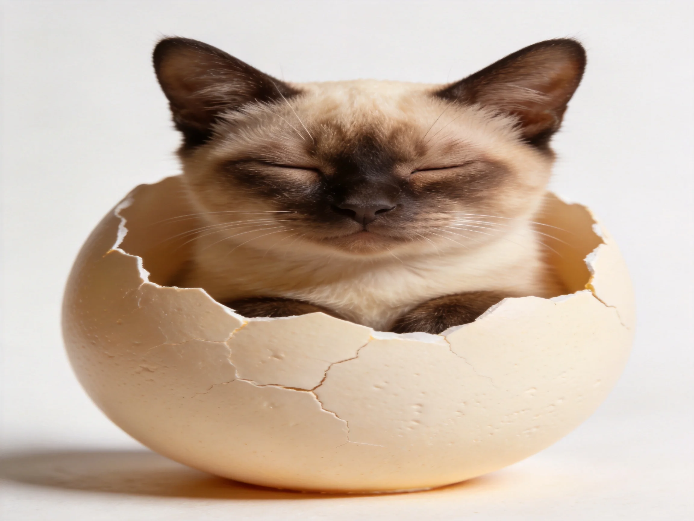 A Siamese cat nestled within a large cracked eggshell