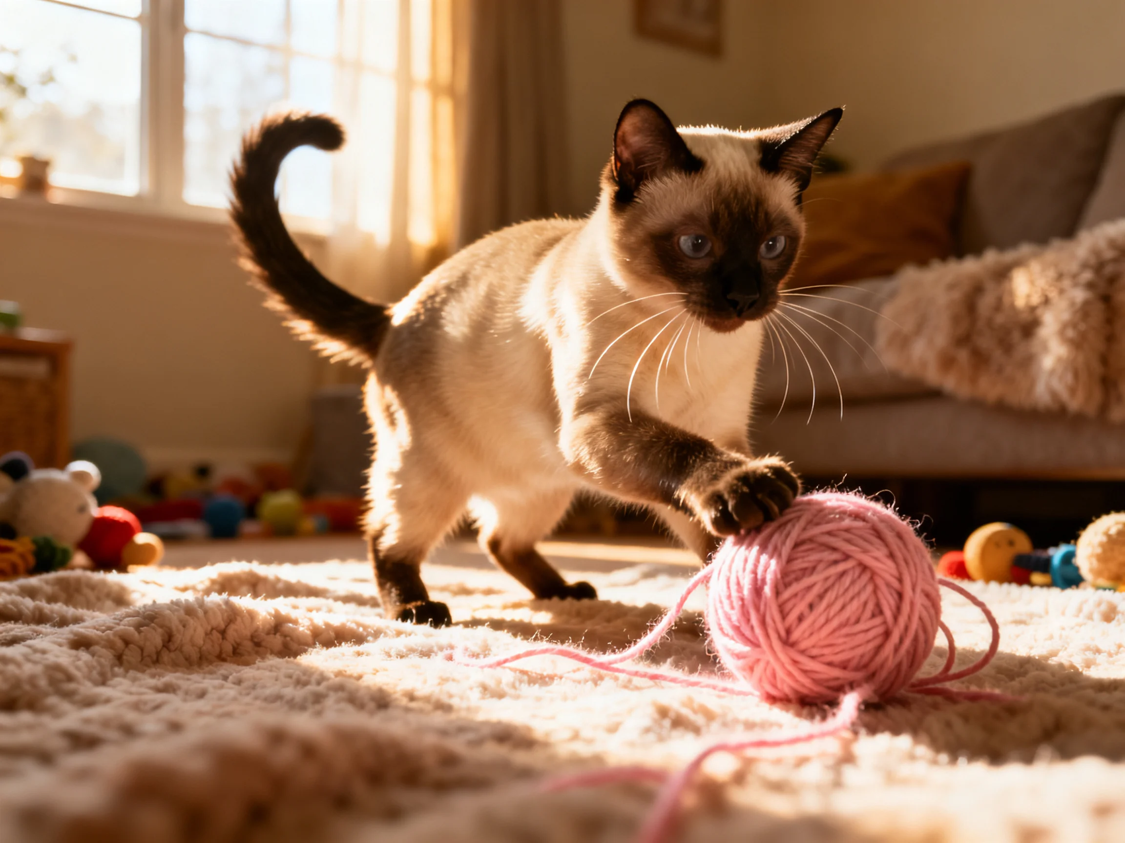 A Siamese cat plays with a pink yarn ball in a sunlit room.