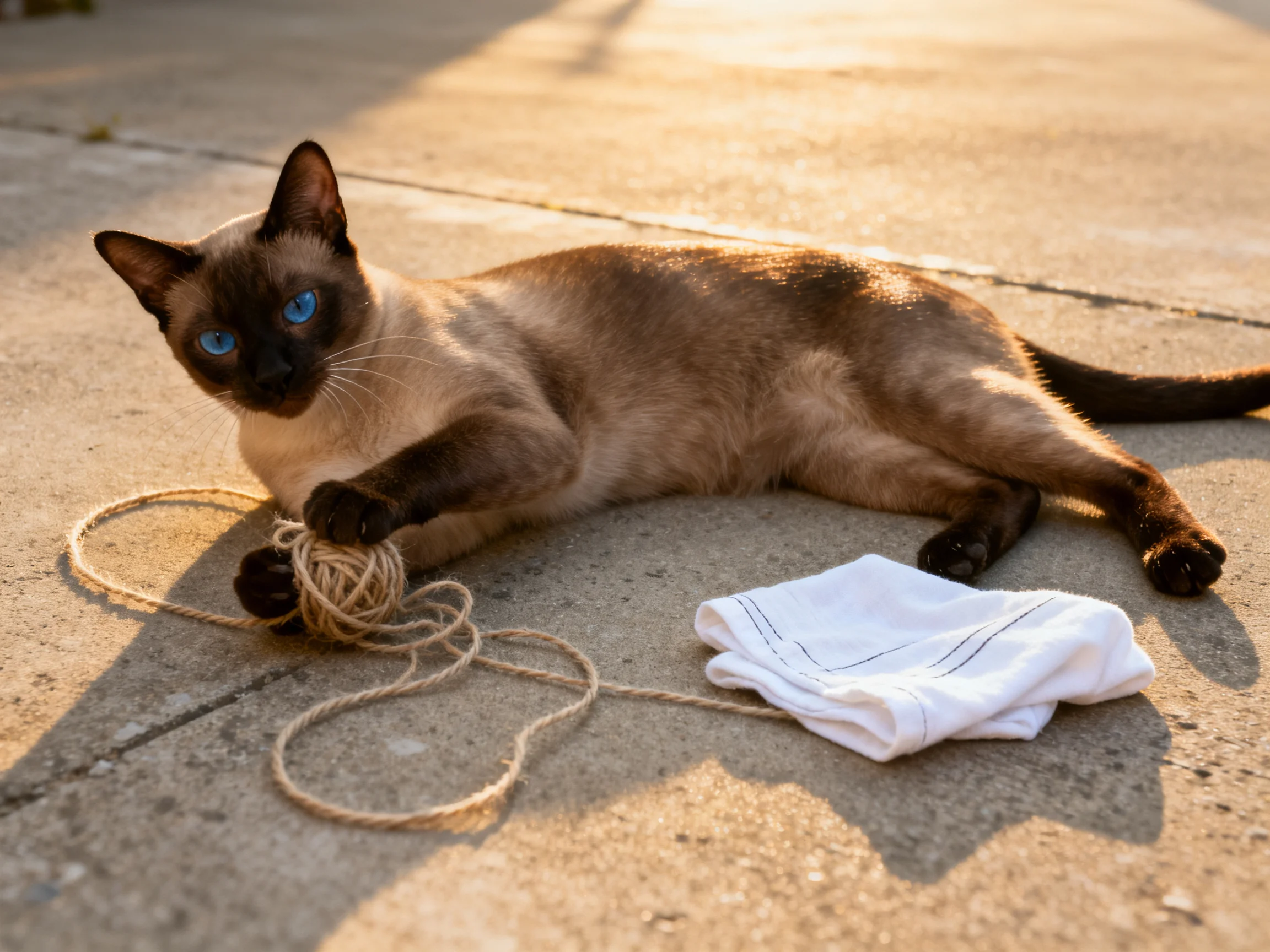 A Siamese cat plays with yarn near a white cloth on concrete