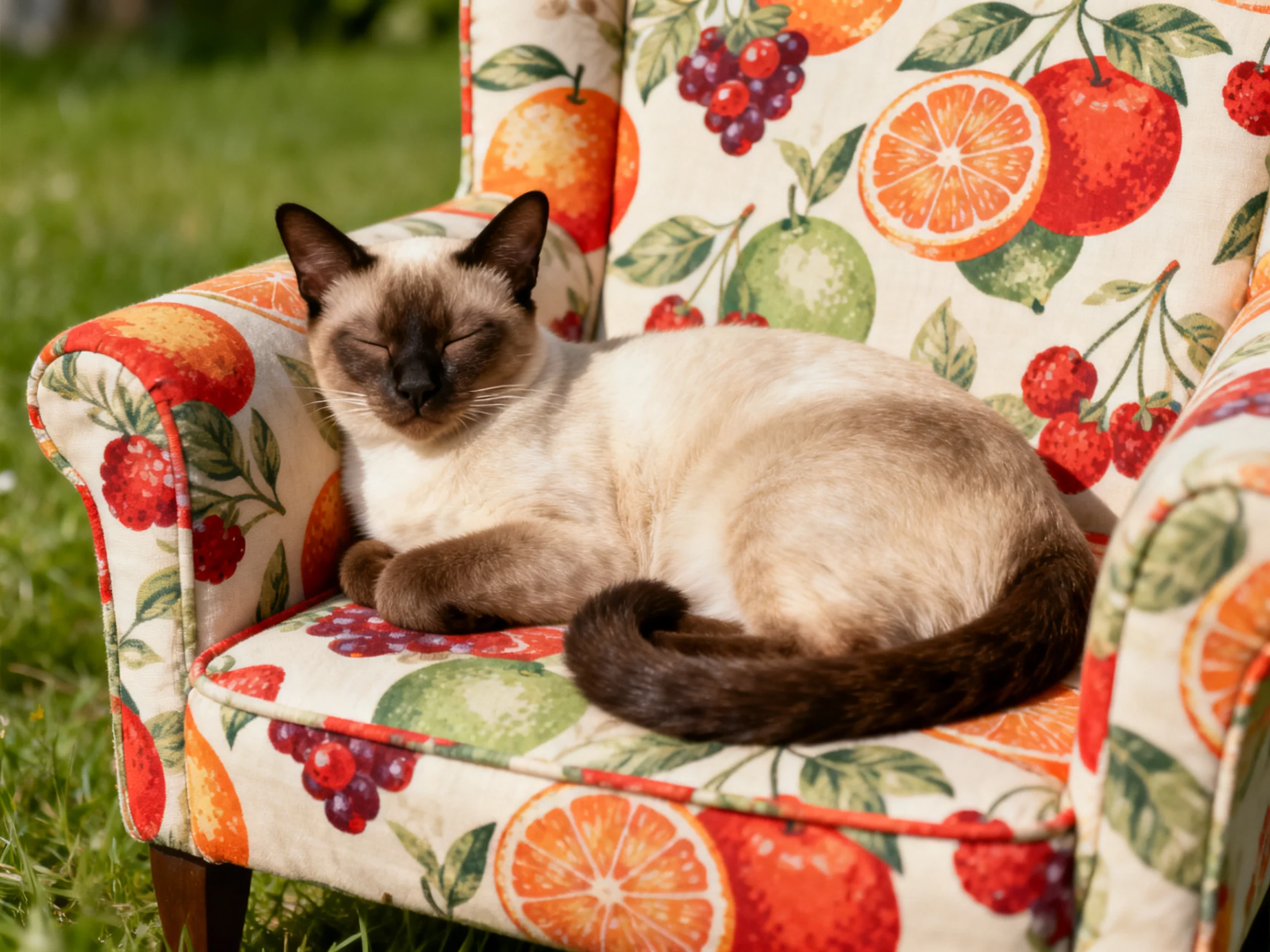 A Siamese cat lounges on a fruit-patterned chair in a sunlit outdoor setting.