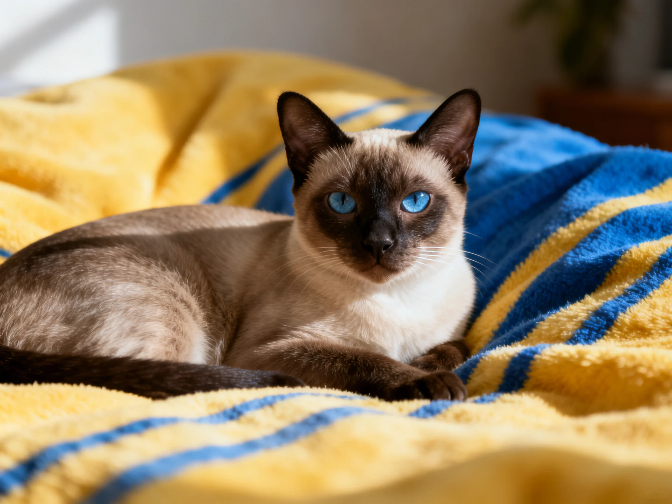 A Siamese cat sits calmly on a colorful blanket in a sunlit room
