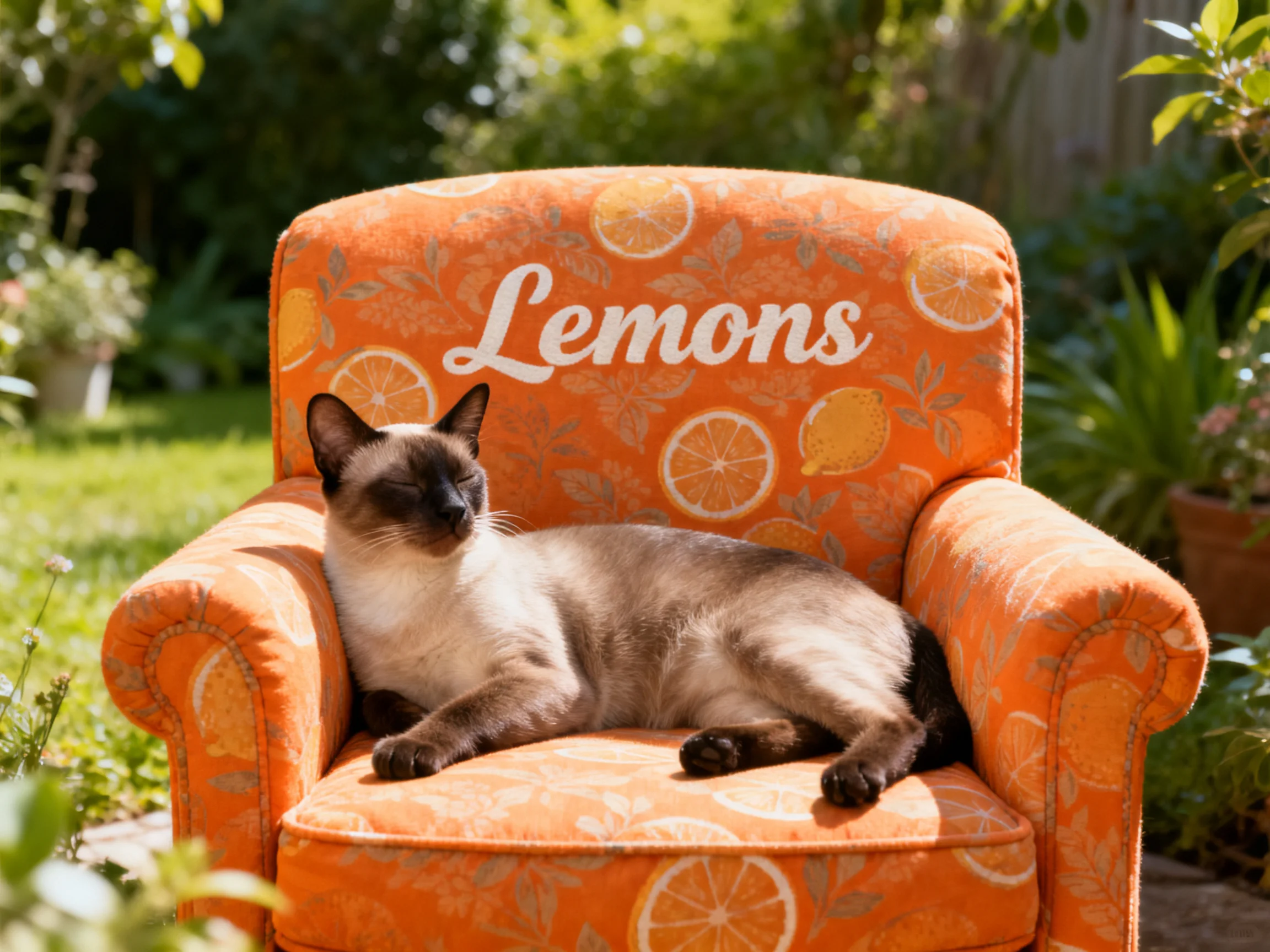 A Siamese cat relaxes on an orange lemon-patterned chair outdoors