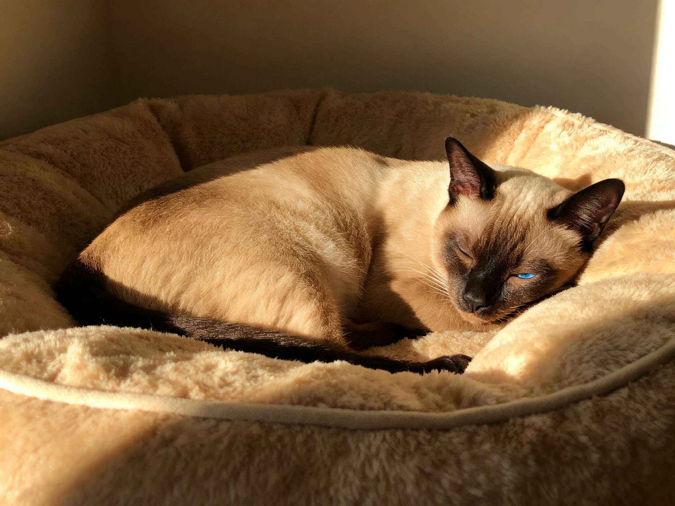 A Siamese cat resting in a plush tan pet bed with warm sunlight