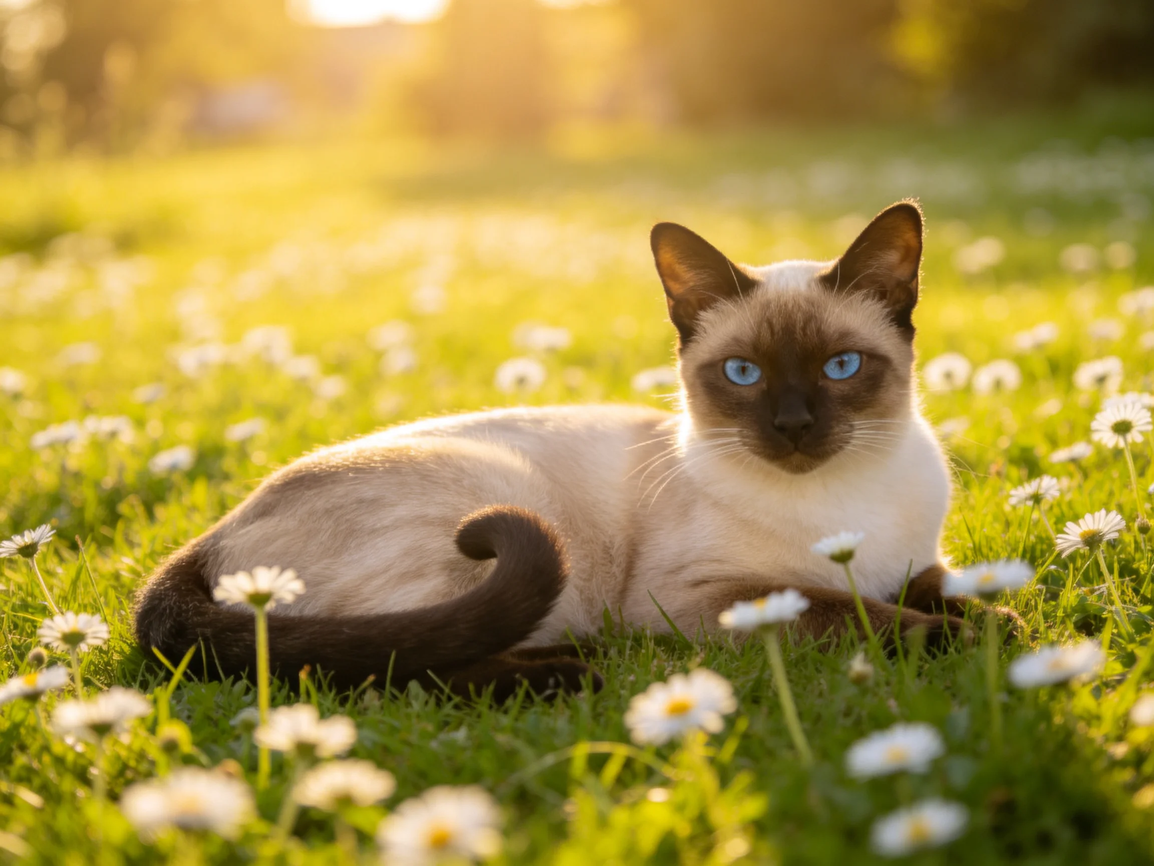 A Siamese cat relaxes among daisies in a sunlit meadow.
