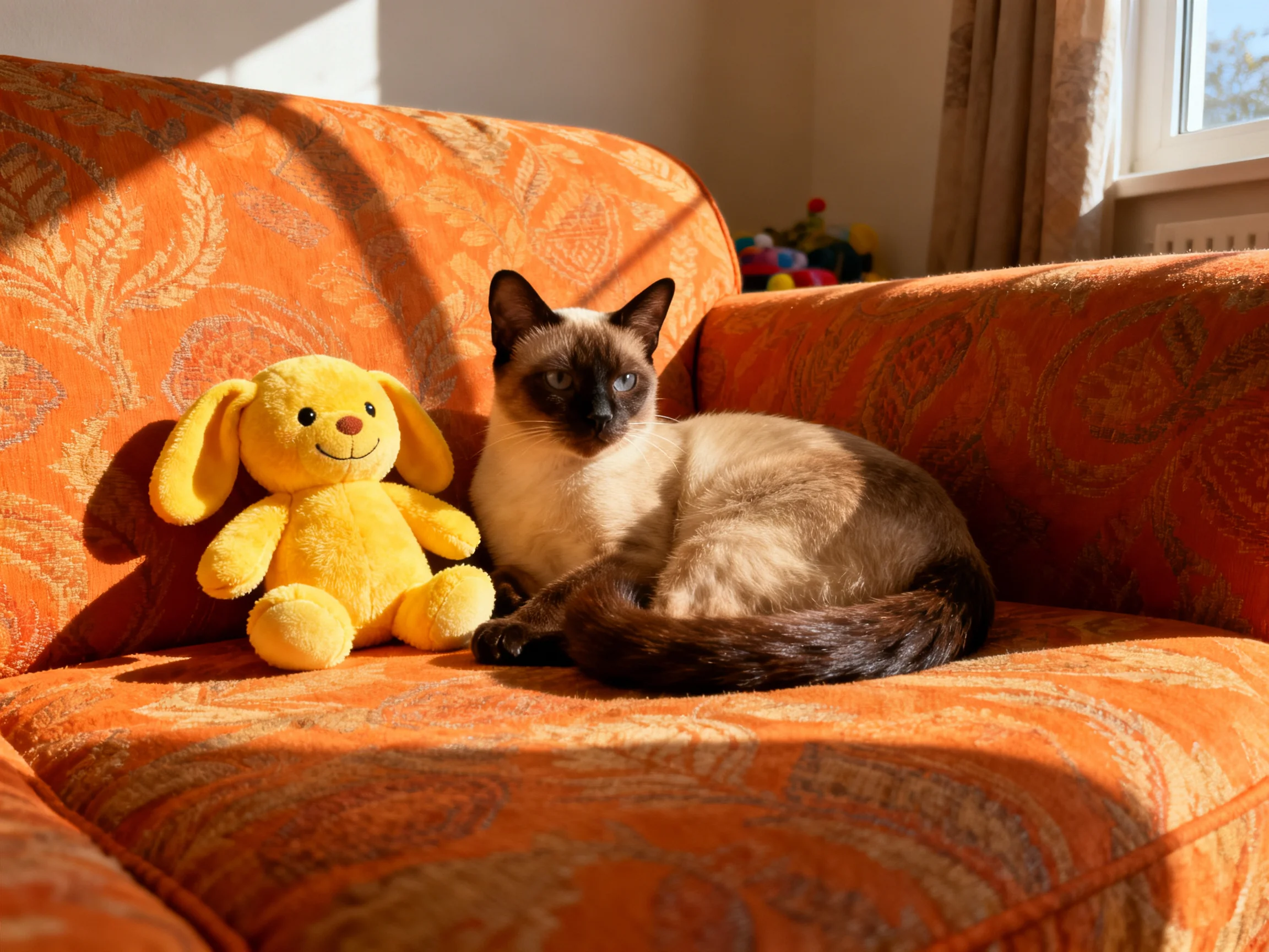 A Siamese cat rests beside a yellow stuffed toy on an orange patterned couch