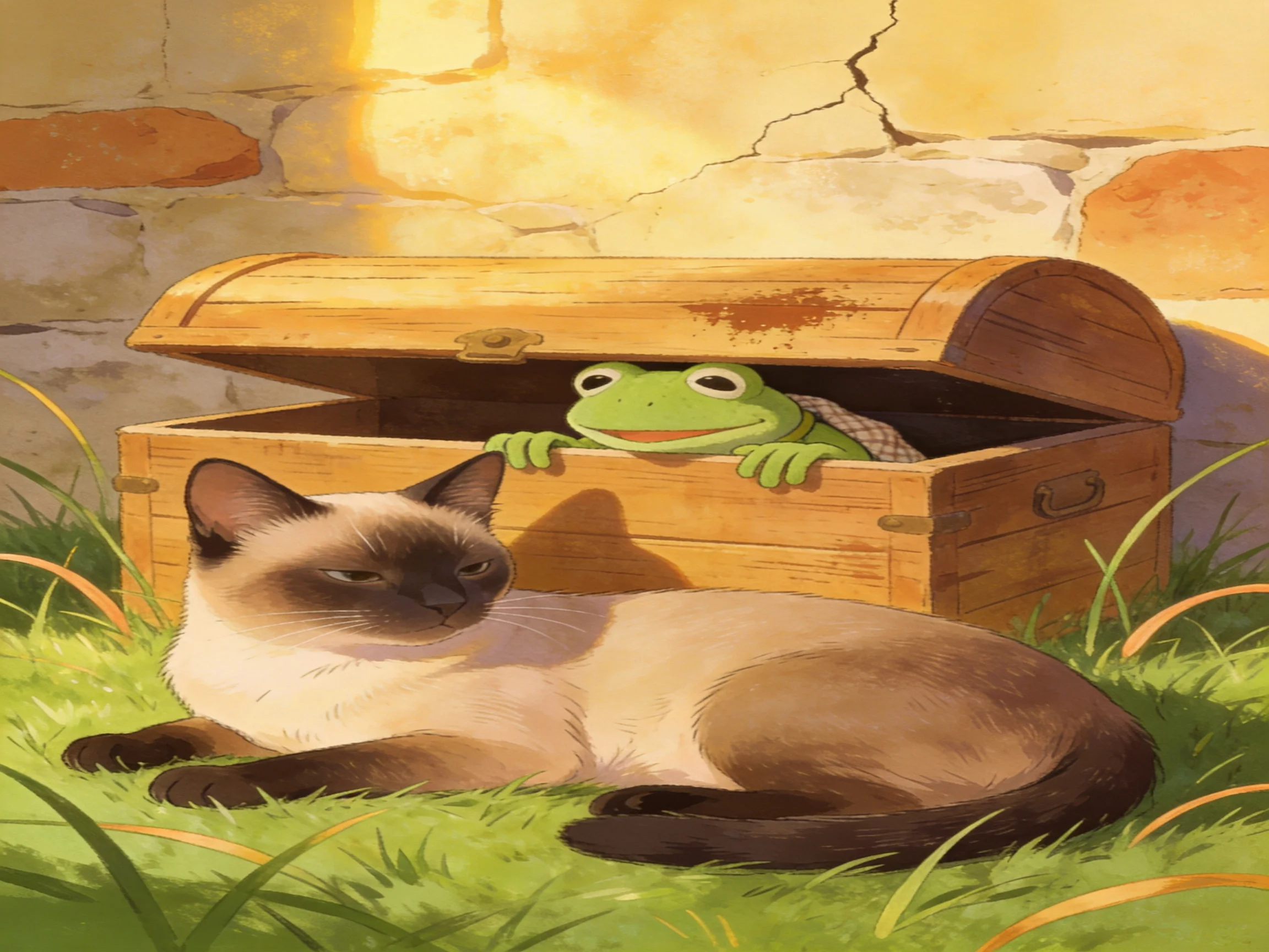 A Siamese cat relaxes next to an open treasure chest with a green frog inside