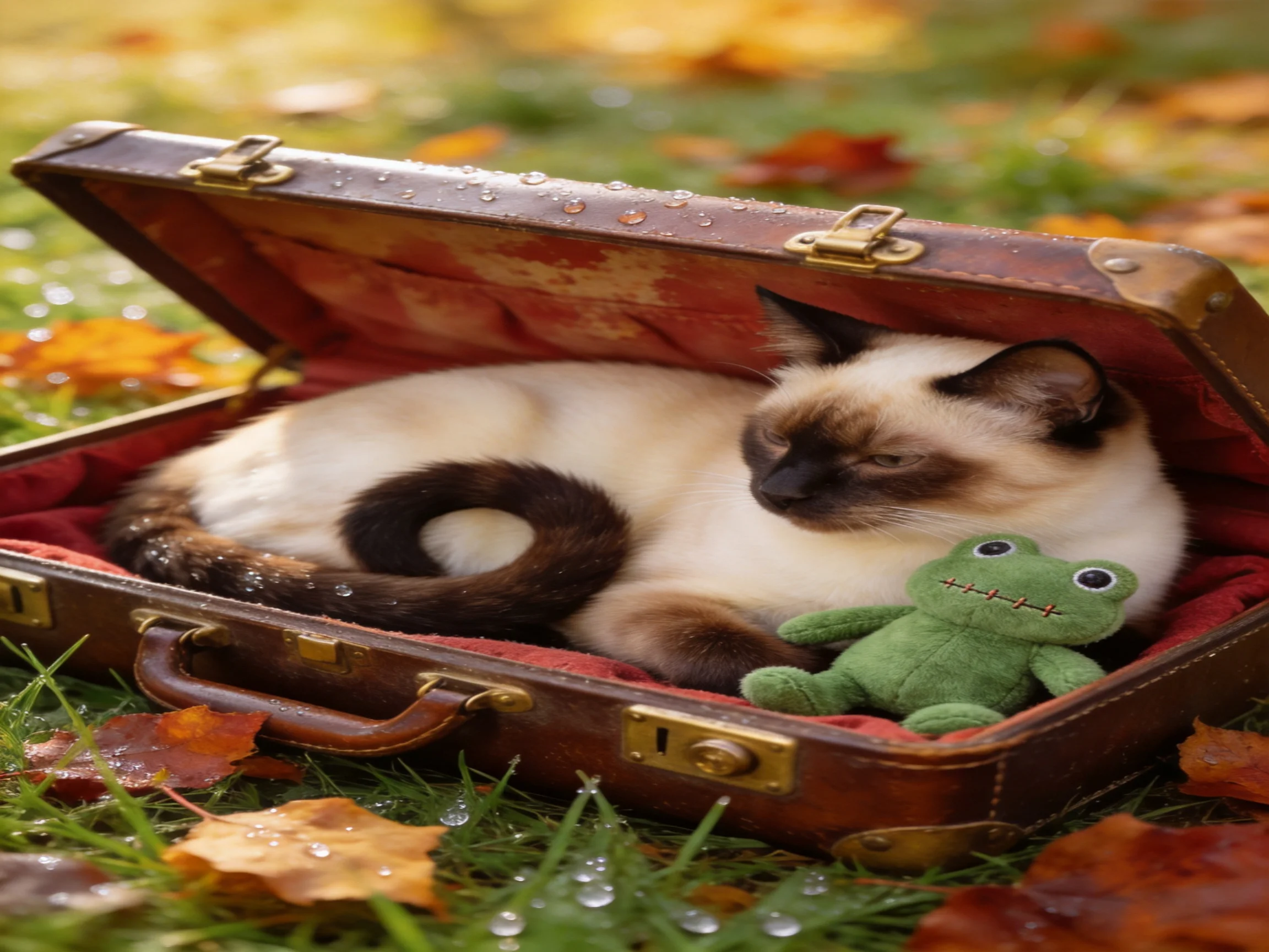 A Siamese cat relaxes in an open vintage suitcase with a green plush toy, among autumn leaves