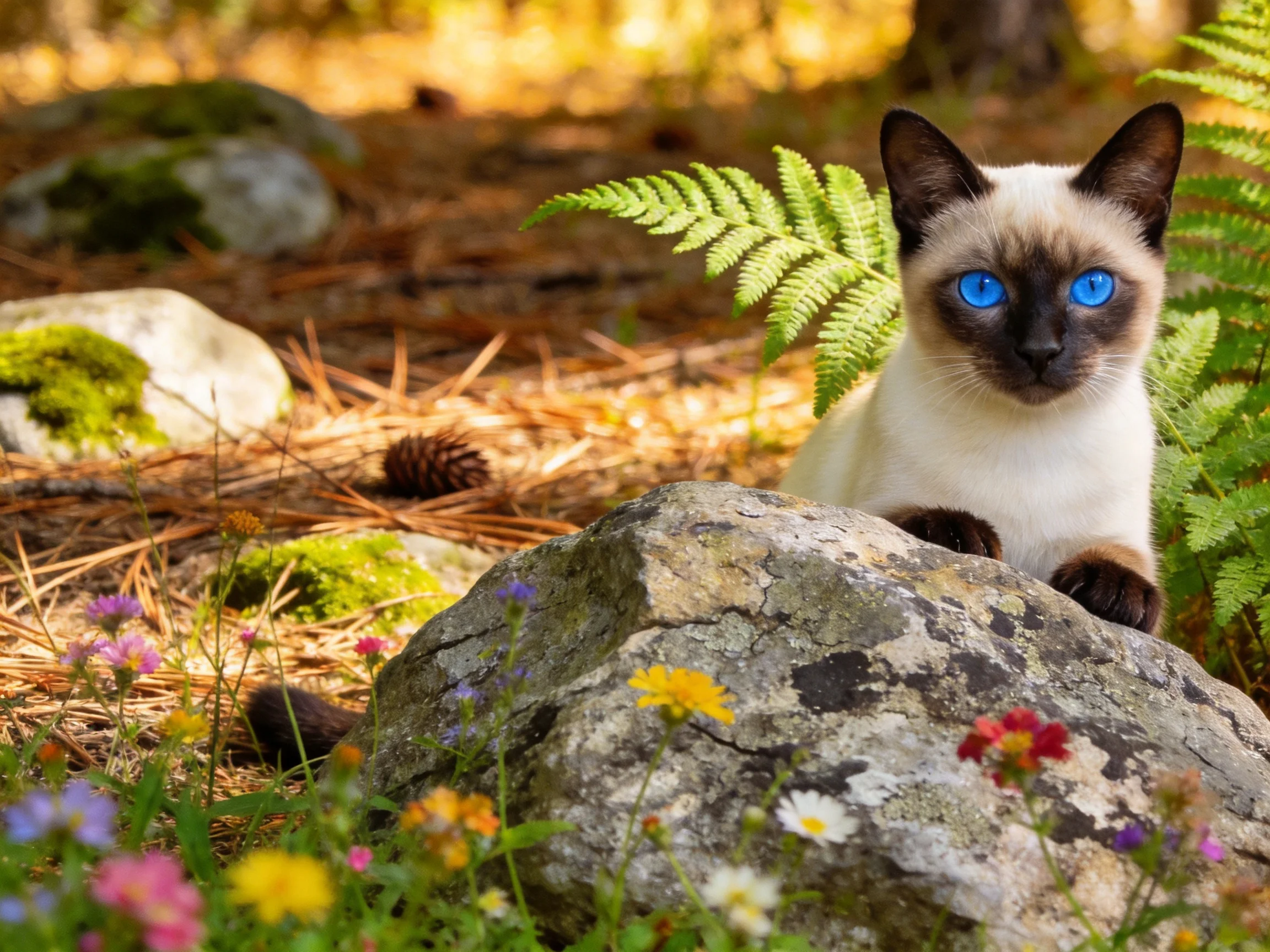 A Siamese cat rests near mossy rocks and colorful wildflowers