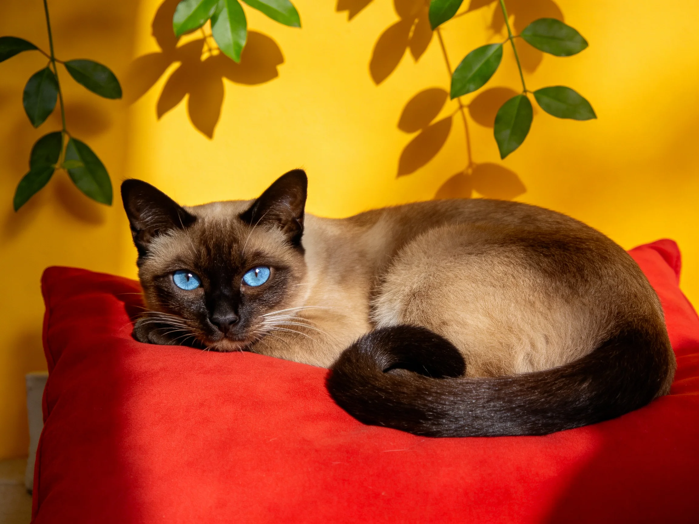 A Siamese cat rests on a red cushion near a yellow wall with green leaves