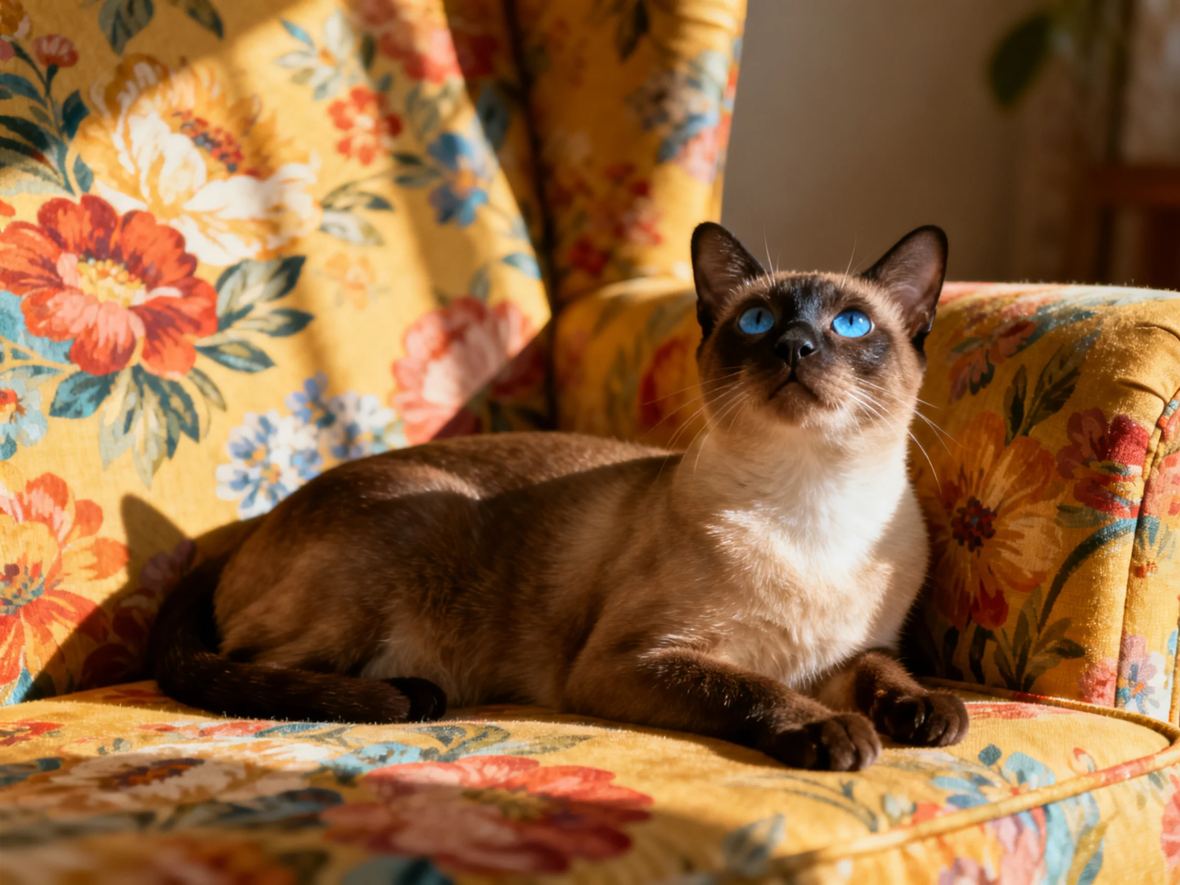 A Siamese cat rests on a vividly patterned floral chair