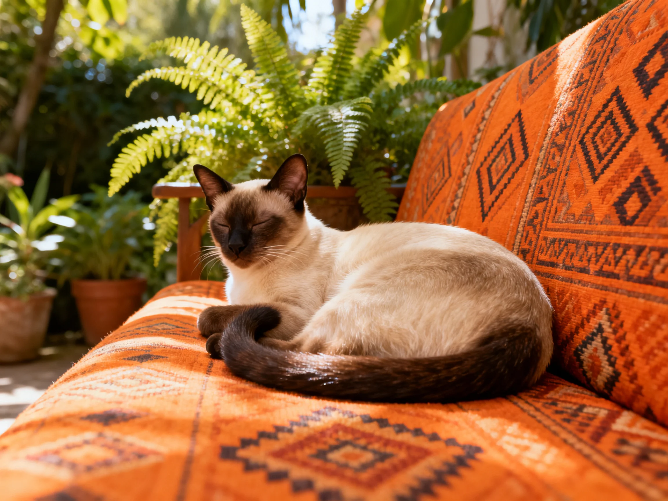 A Siamese cat rests on an orange-patterned outdoor seat in a sunlit garden setting.
