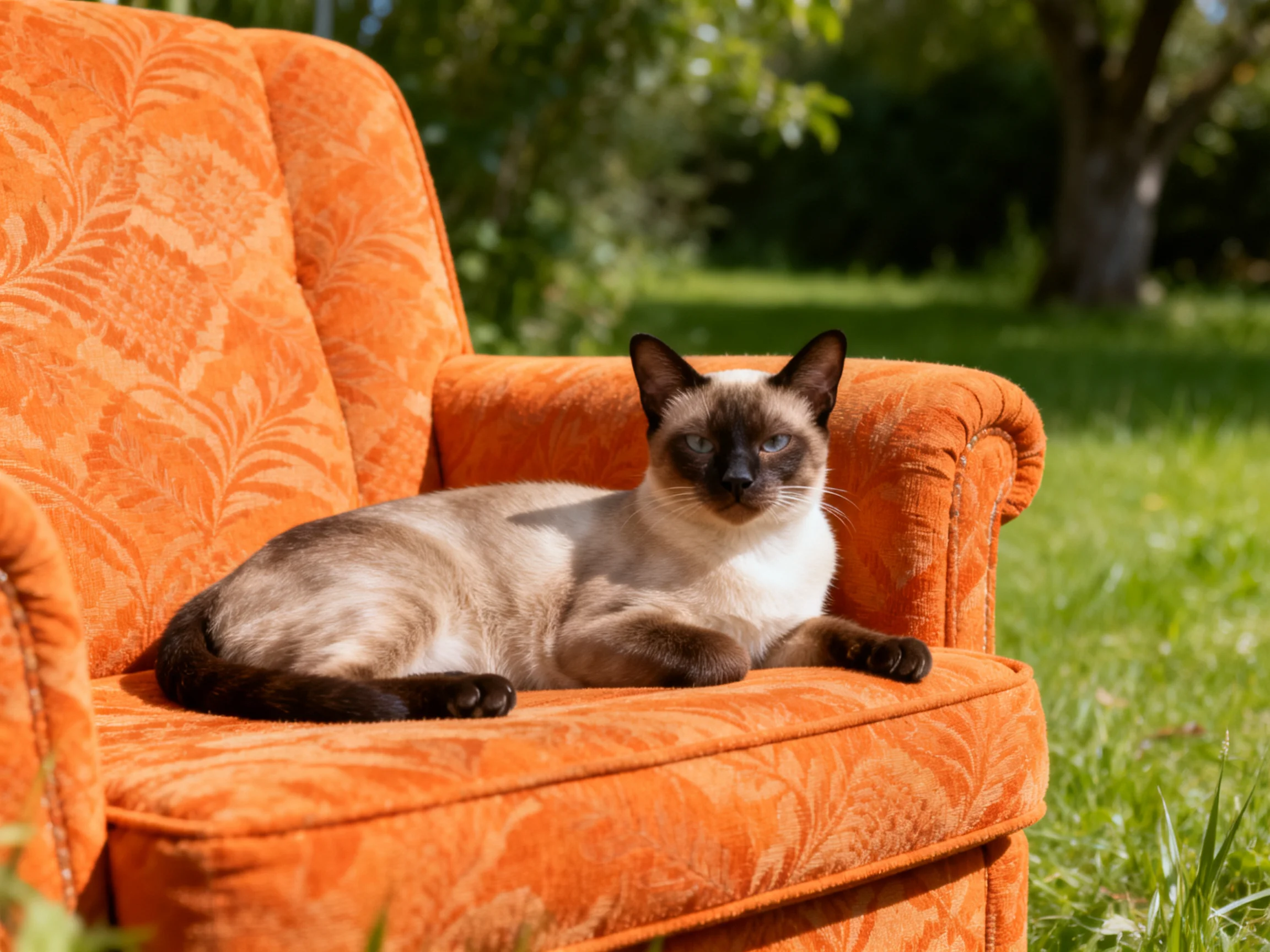 A Siamese cat relaxes on an orange armchair in a sunny garden.