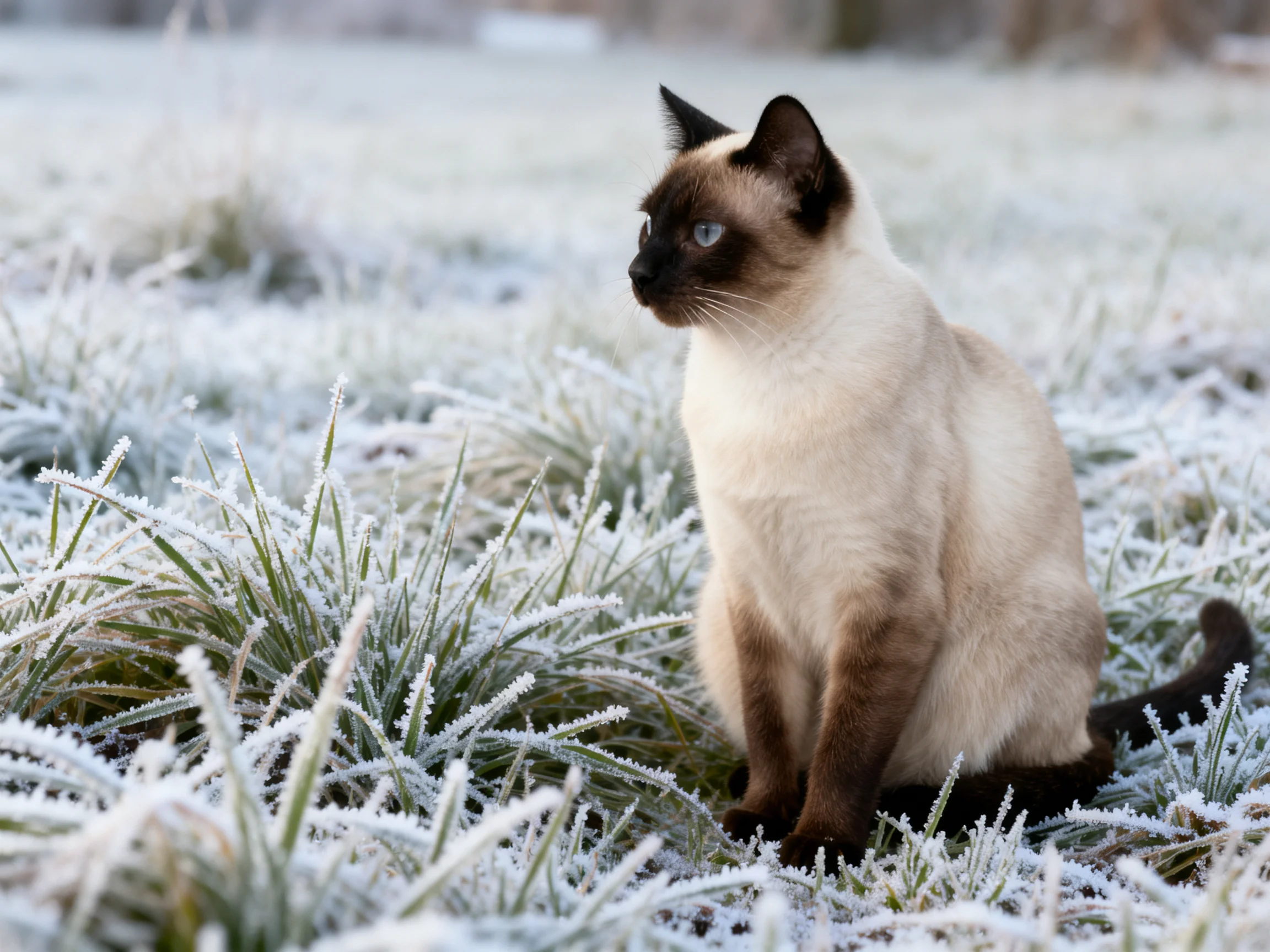 A Siamese cat sits calmly among frost-laden grass in a cold outdoor setting.