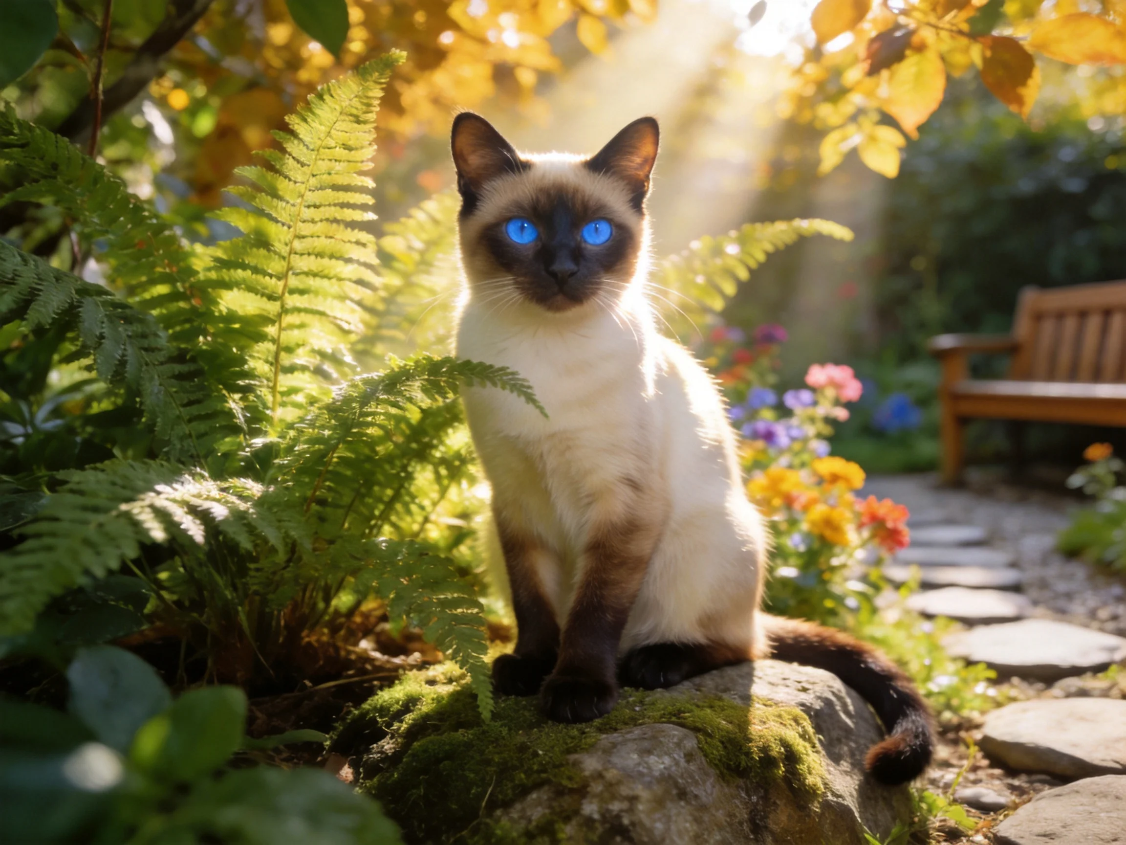 A Siamese cat rests on mossy rock amid lush greenery and colorful blooms in a sunlit garden.