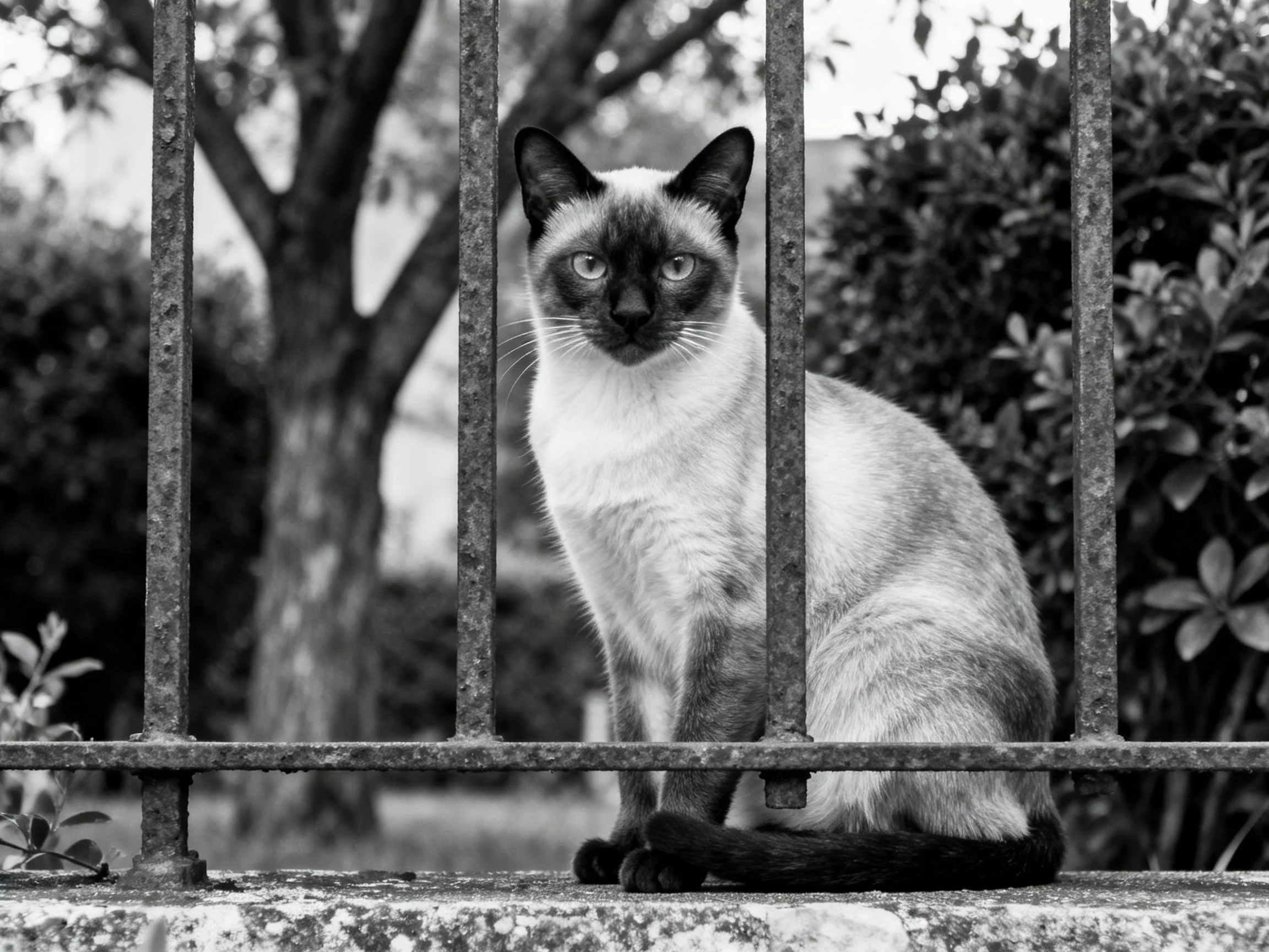 A Siamese cat sits behind an iron fence in a garden