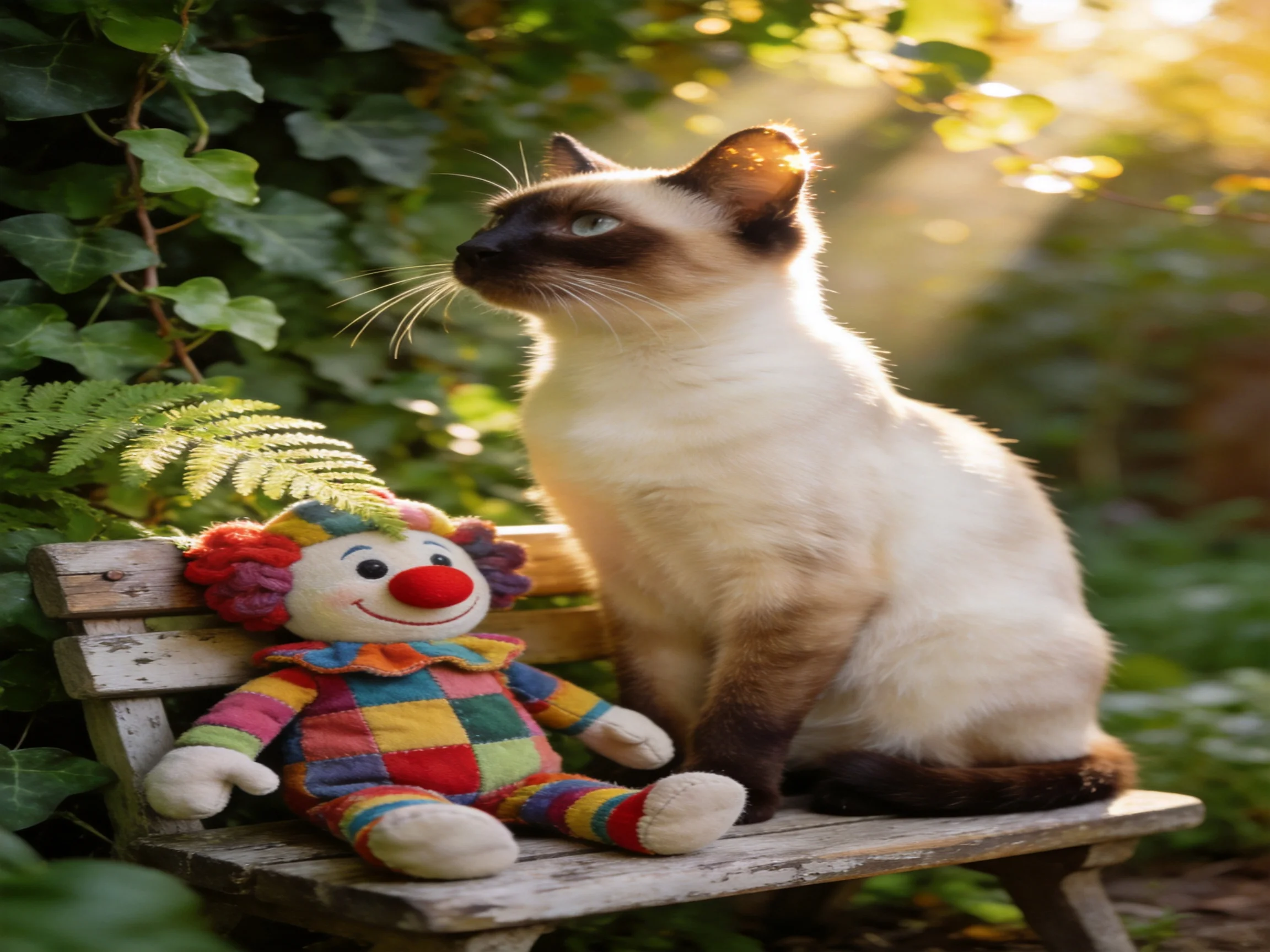 A Siamese cat sits next to a colorful clown toy on a bench surrounded by lush greenery.