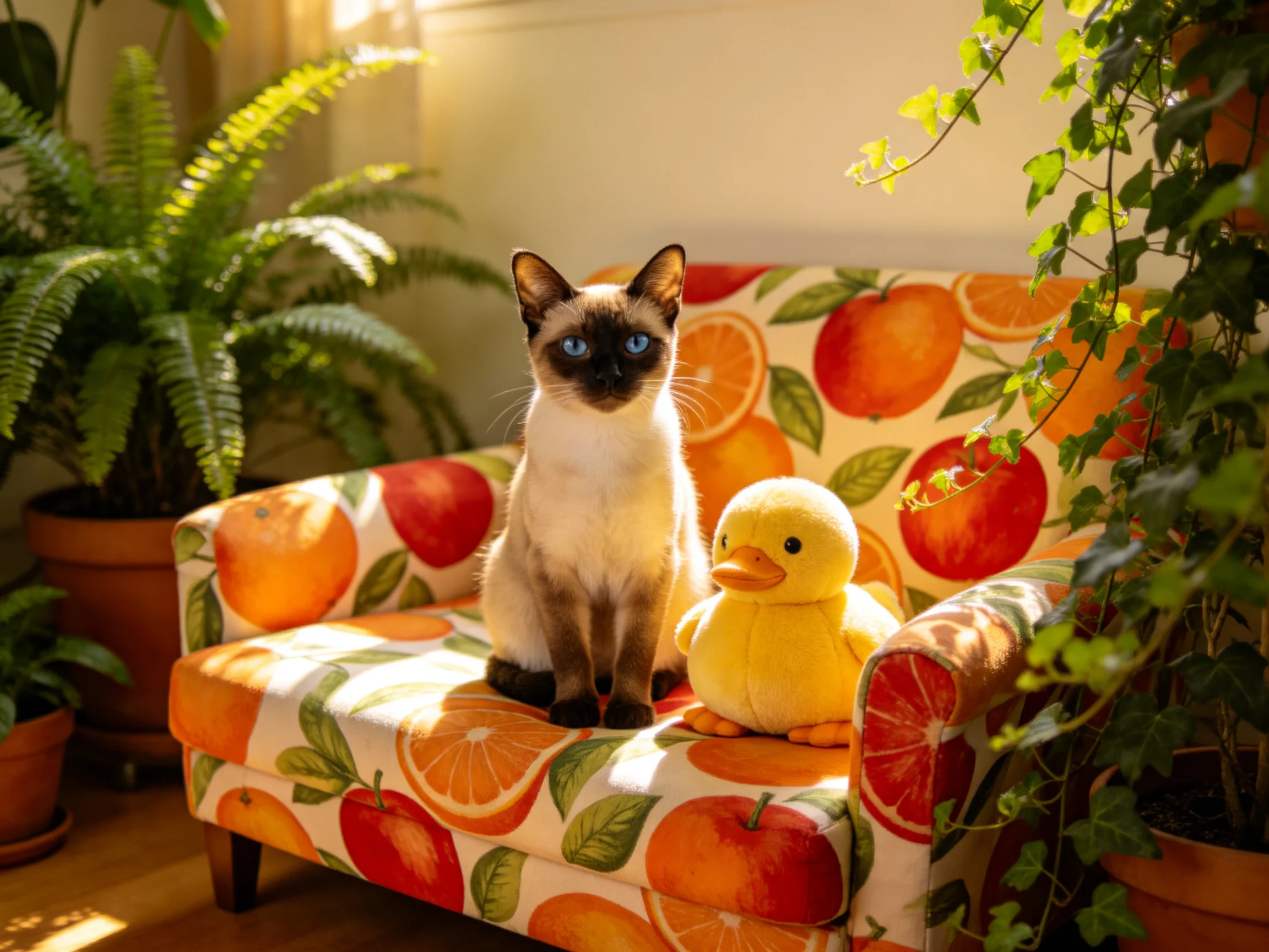 A Siamese cat sits beside a yellow stuffed duck on a colorful chair