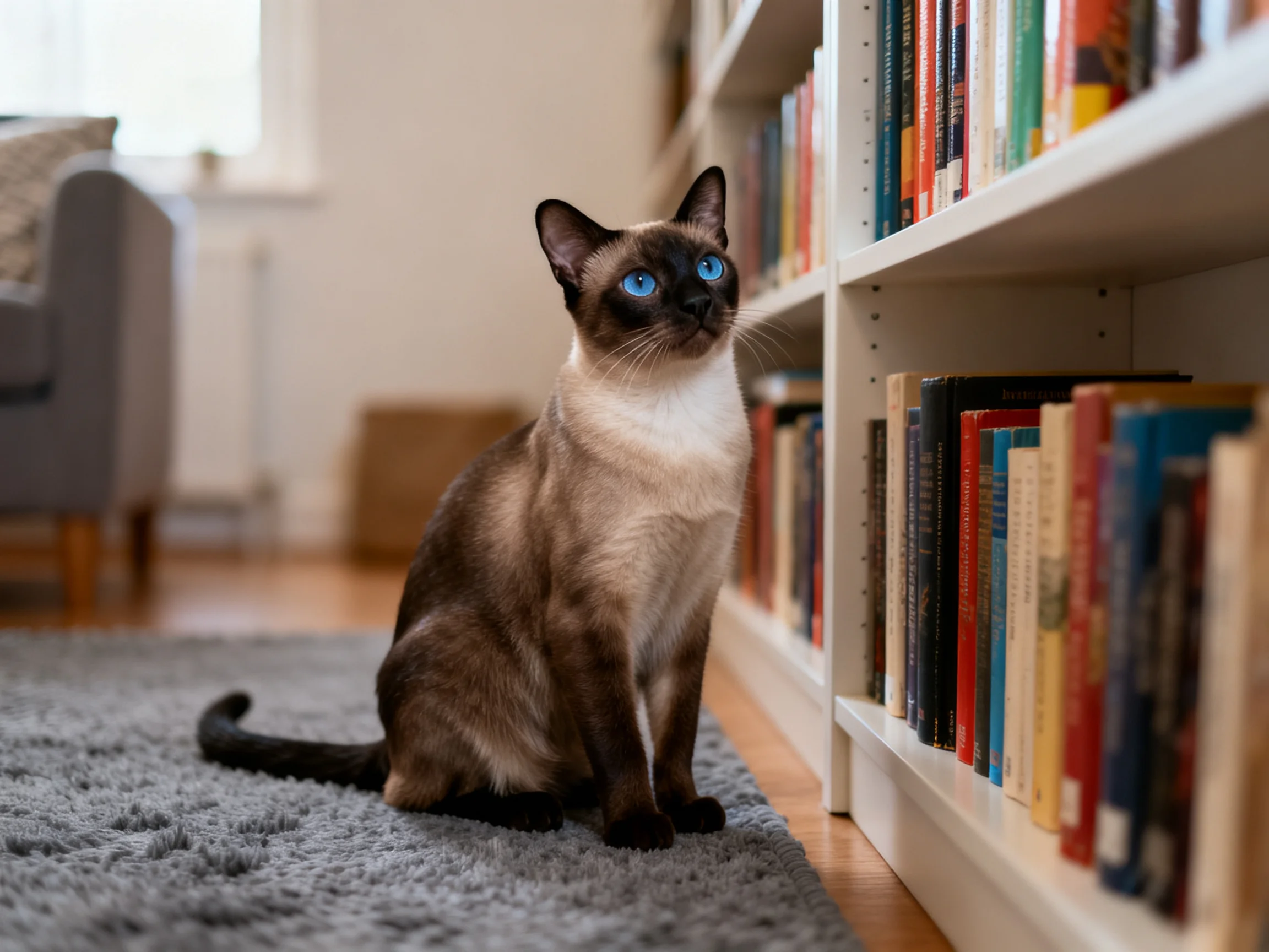 A Siamese cat sits near white bookshelves with books