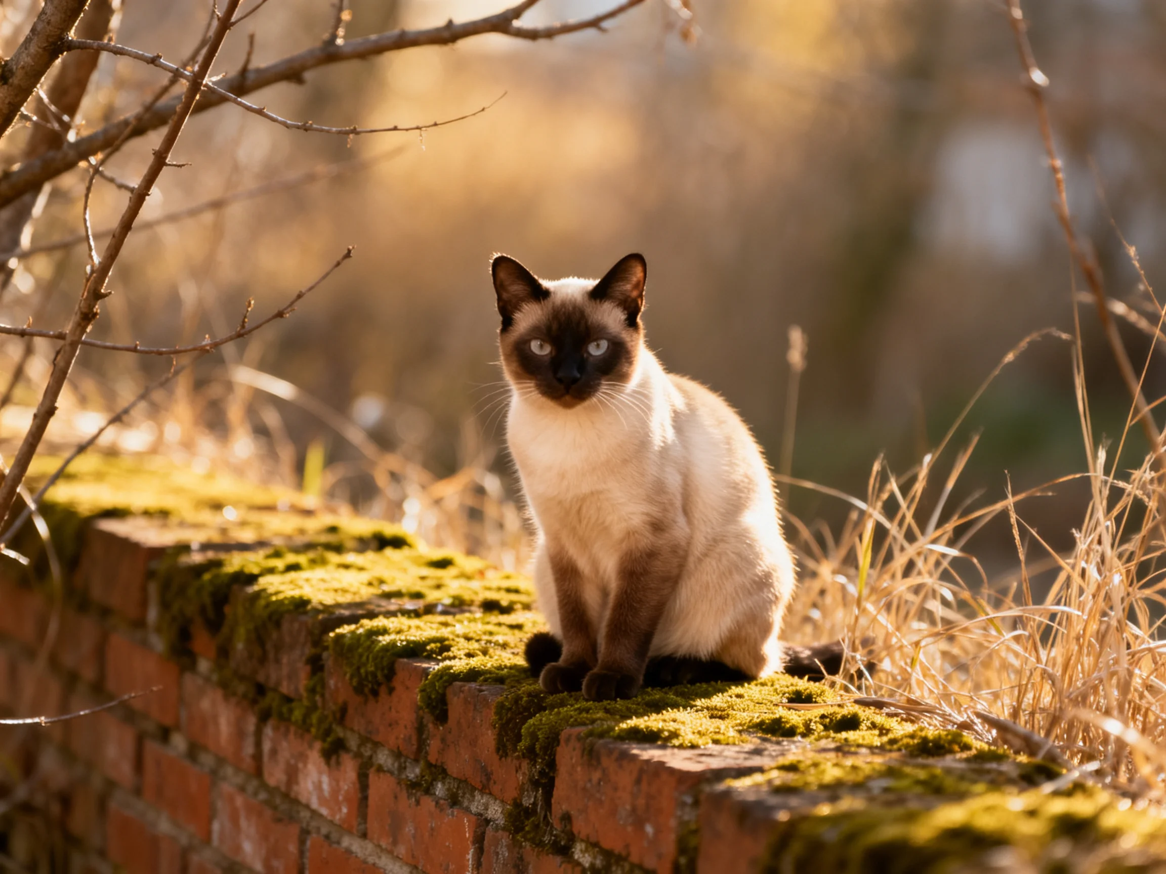 A Siamese cat rests on a mossy brick wall in a sunlit outdoor setting.
