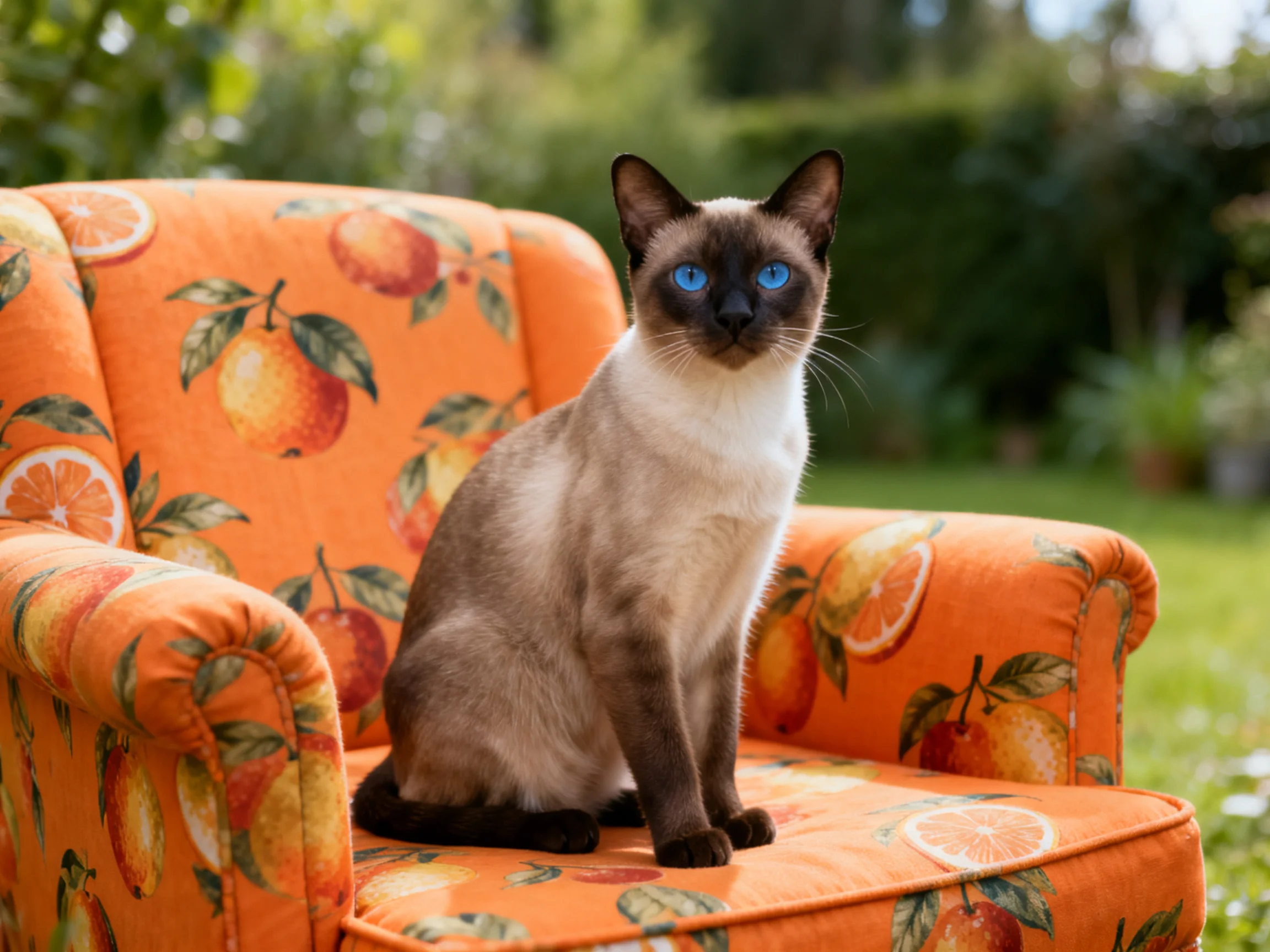 A Siamese cat sits on an orange patterned armchair in a sunny outdoor garden.