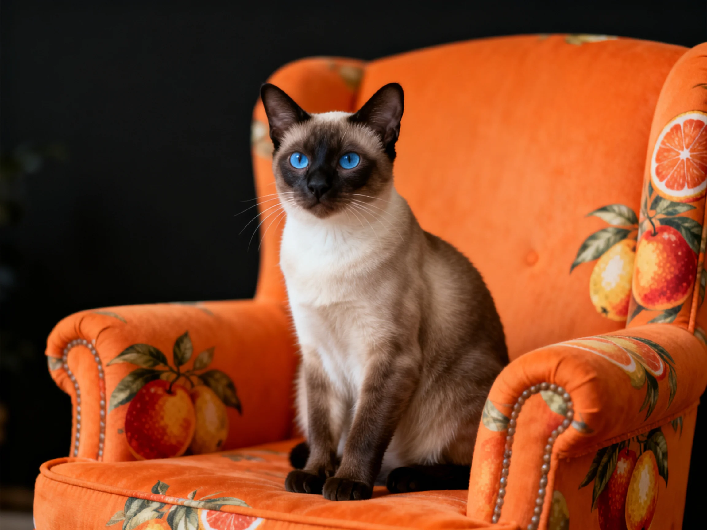 A Siamese cat sits on an orange fruit-patterned armchair