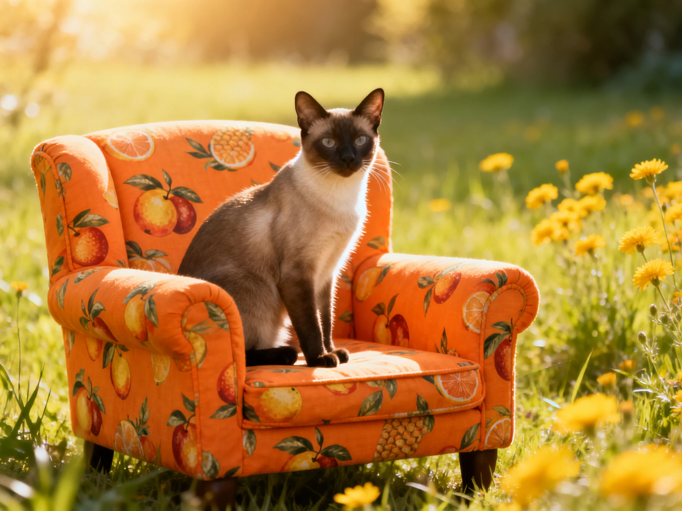 A Siamese cat rests on an orange fruit-patterned chair amid yellowflowers in a sunlit field.