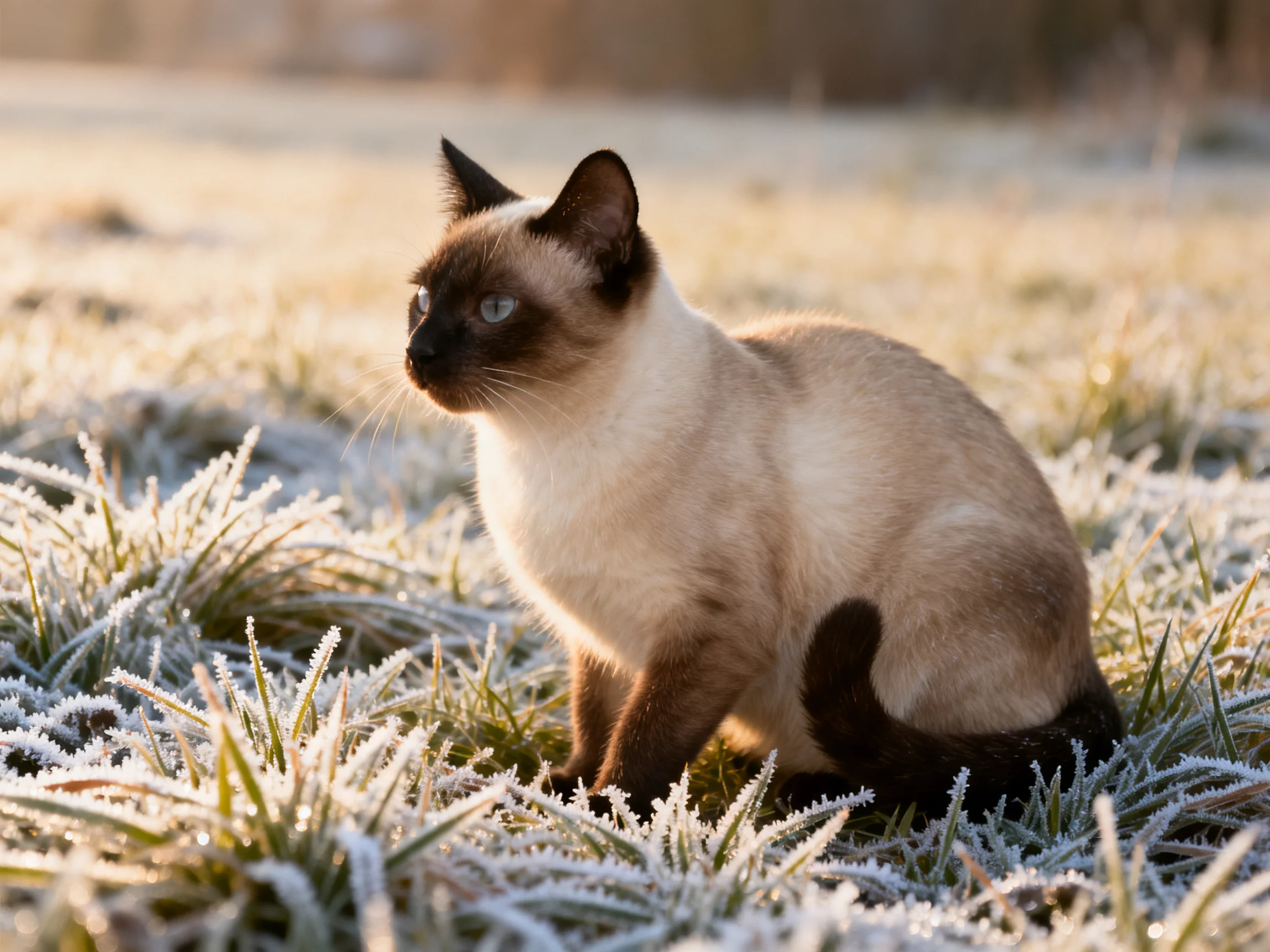 A Siamese cat sits on frosty grass in golden morning light