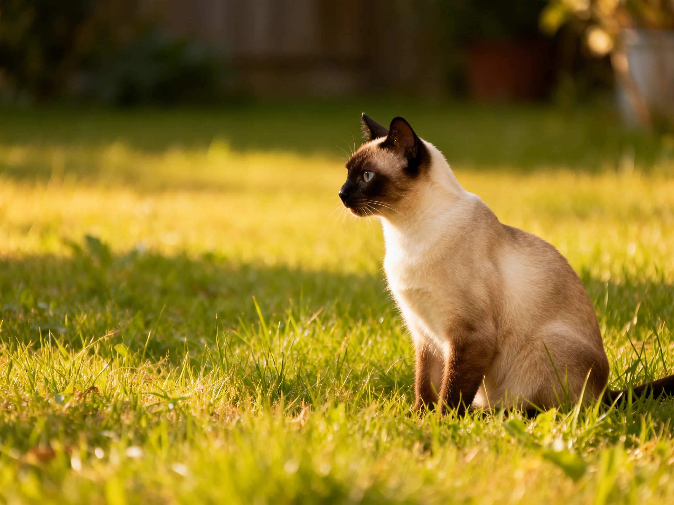 A Siamese cat sits calmly on sunlit green grass.