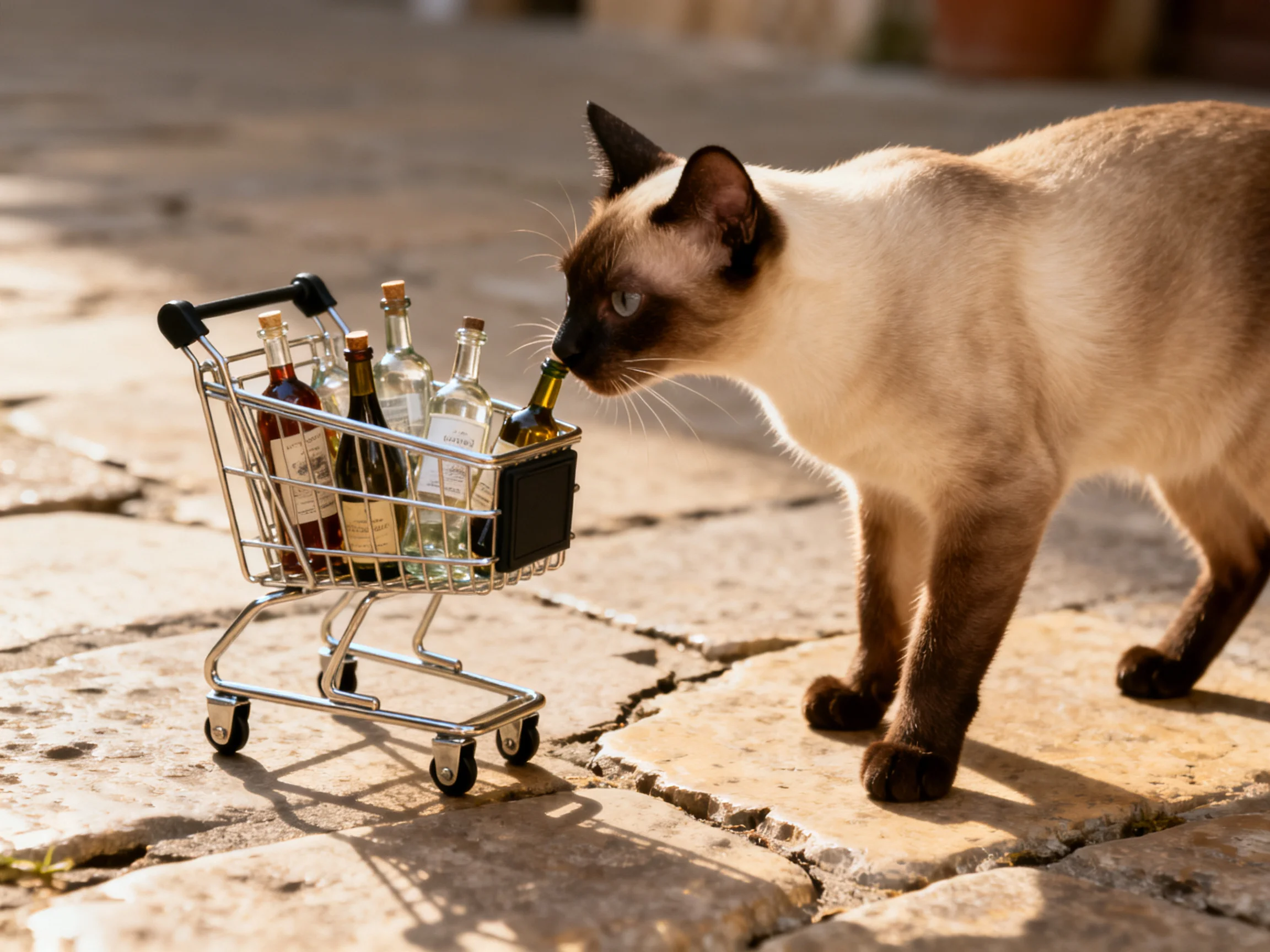 A Siamese cat sniffs a miniature shopping cart filled with assorted bottles